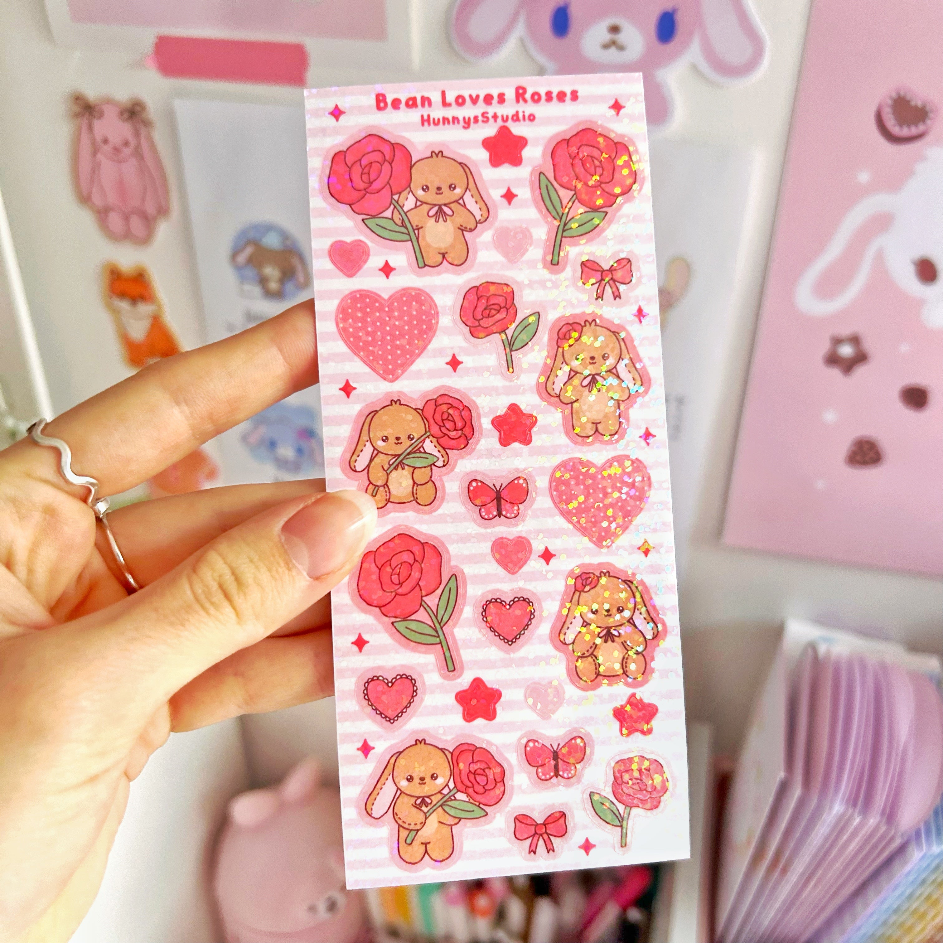 Bean loves roses vinyl holographic sticker sheet