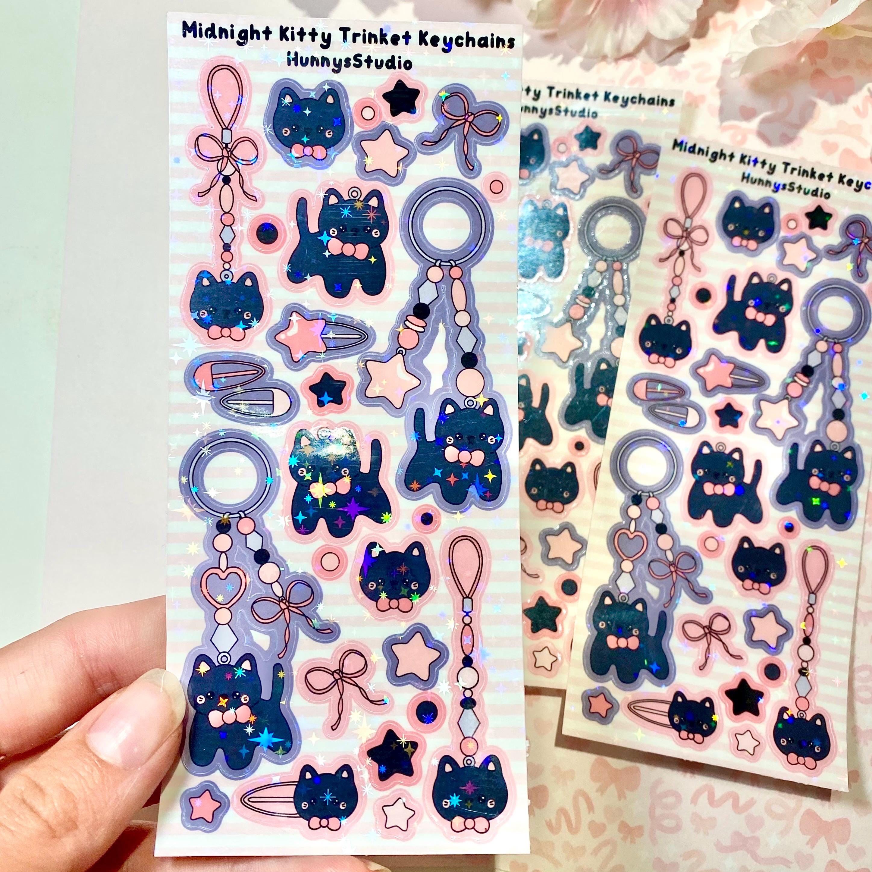midnight kitty trinket keychains vinyl holographic sticker sheet