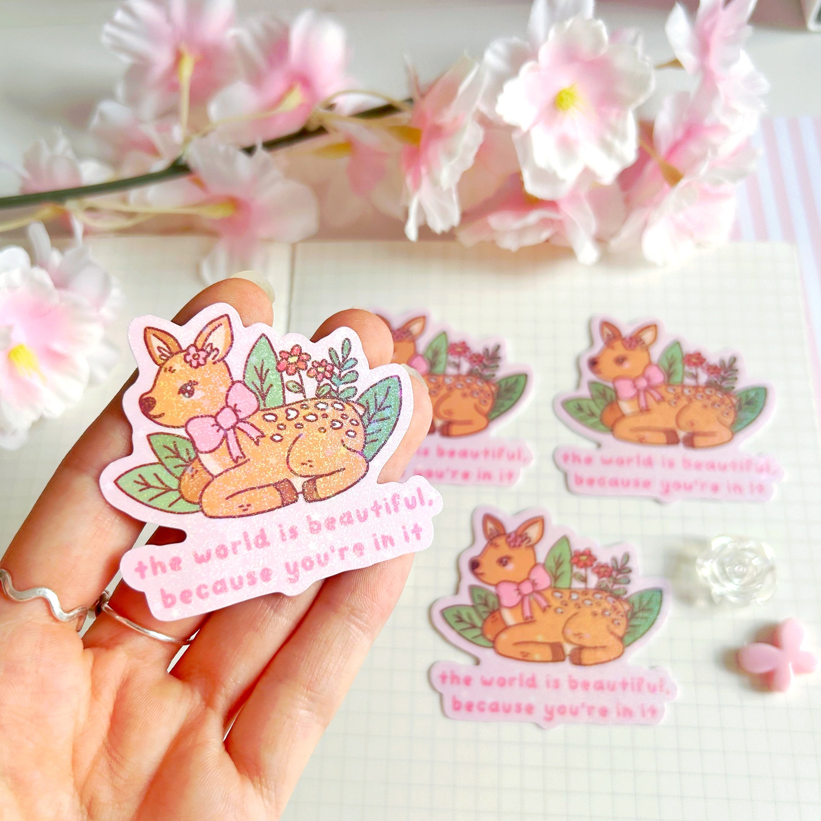 Beautiful world Fawn die cut vinyl holographic sticker