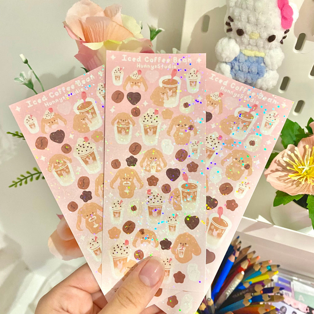 Iced coffee bean holographic vinyl sticker sheet