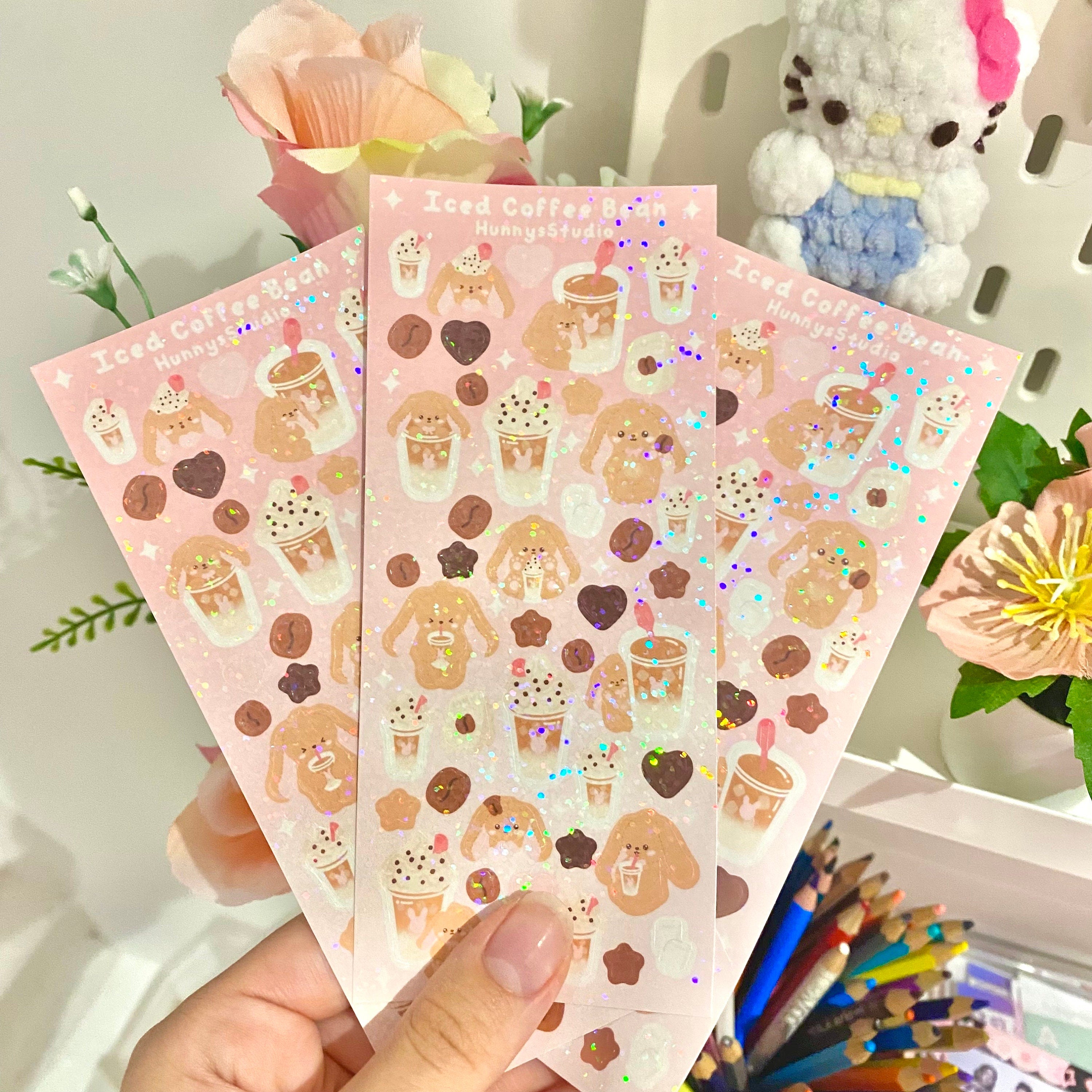 Iced coffee bean holographic vinyl sticker sheet