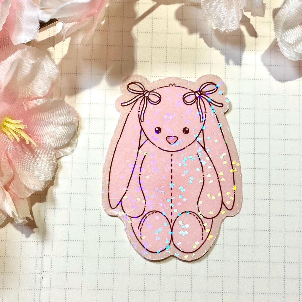 Pink bunny plushie die cut vinyl holographic sticker