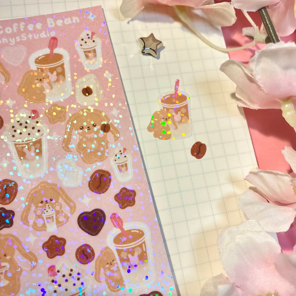 Iced coffee bean holographic vinyl sticker sheet
