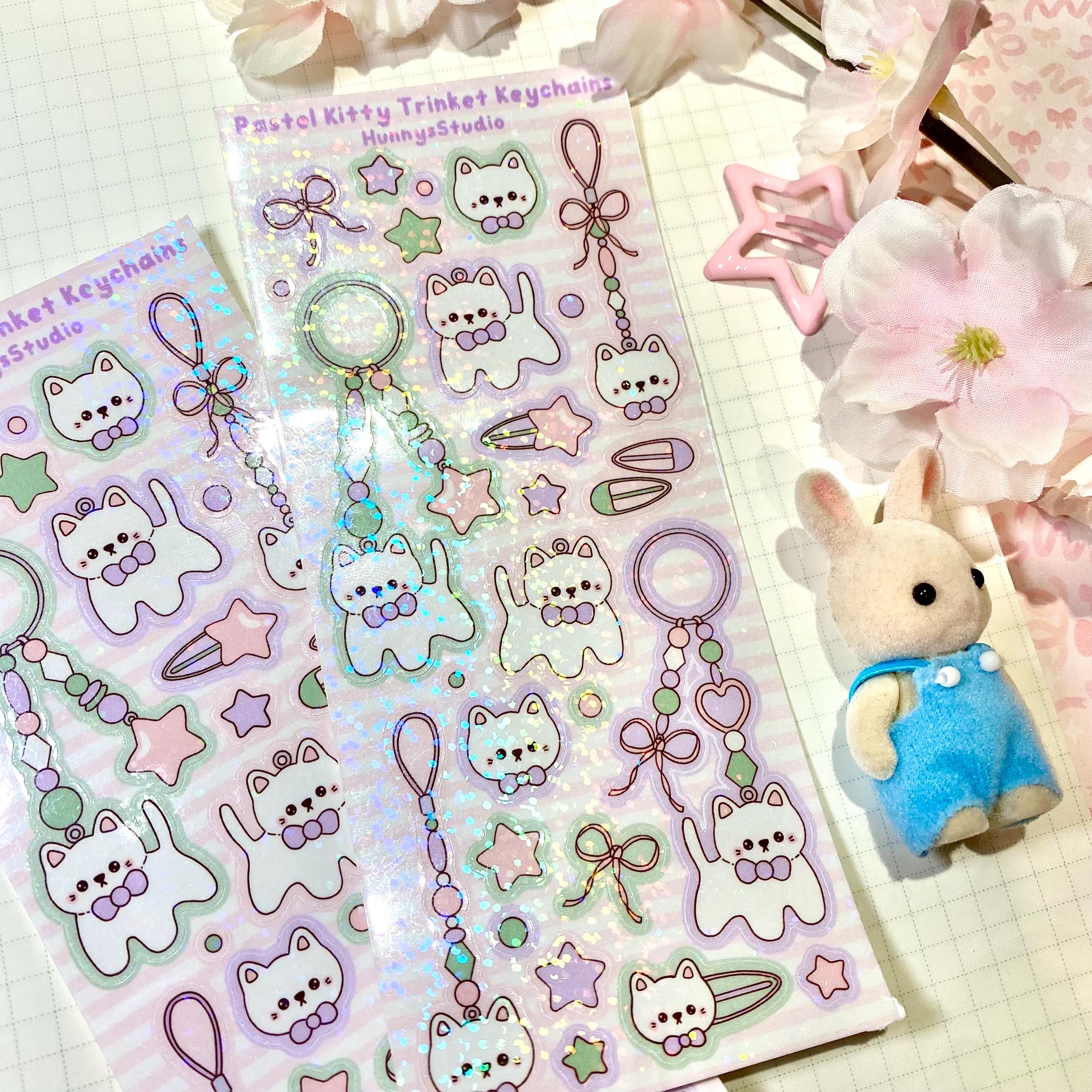 Pastel kitty trinket keychains vinyl holo sticker sheet