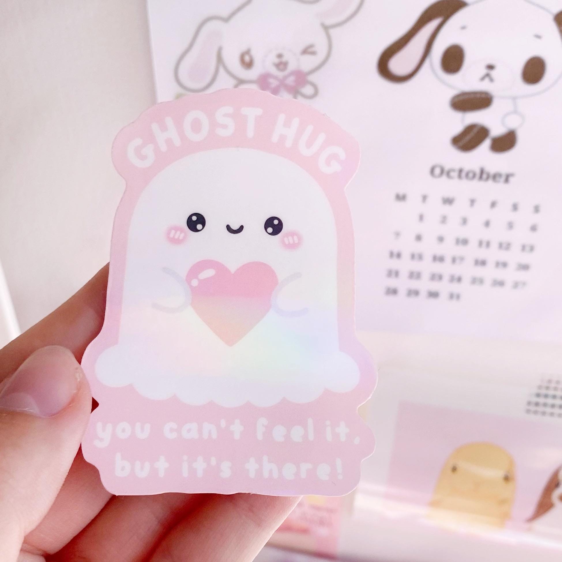 Ghost hugs holographic die cut sticker