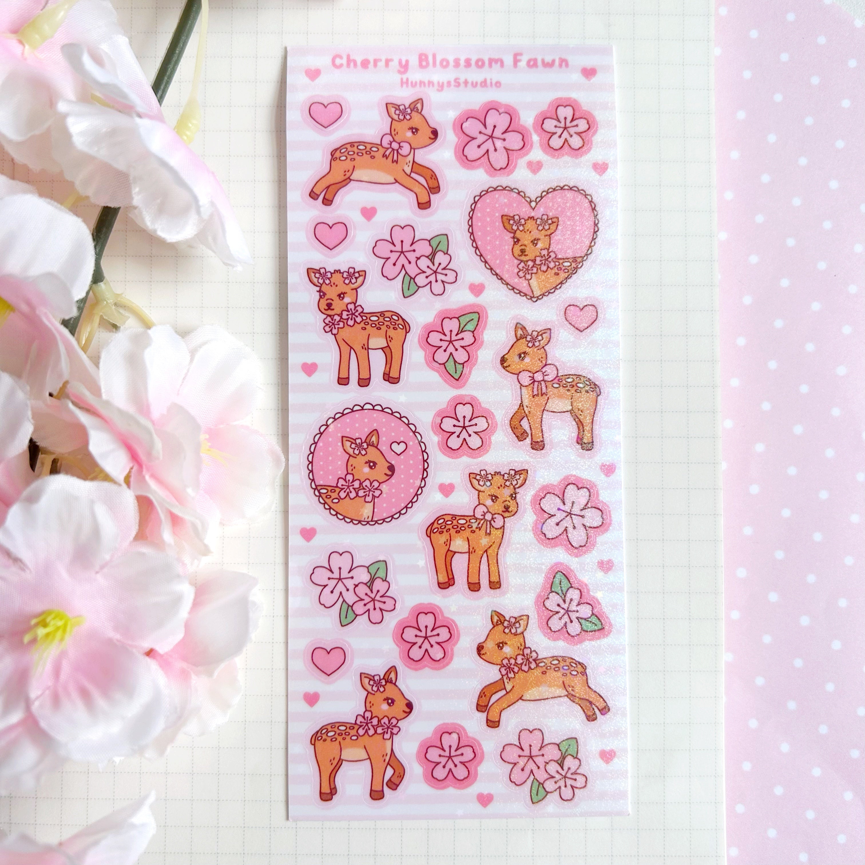Cherry blossom fawn vinyl holographic sticker sheet