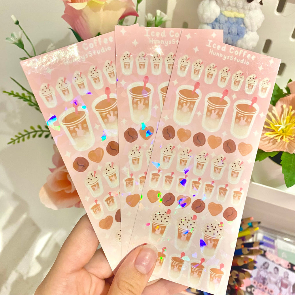 Iced coffee holographic vinyl sticker sheet