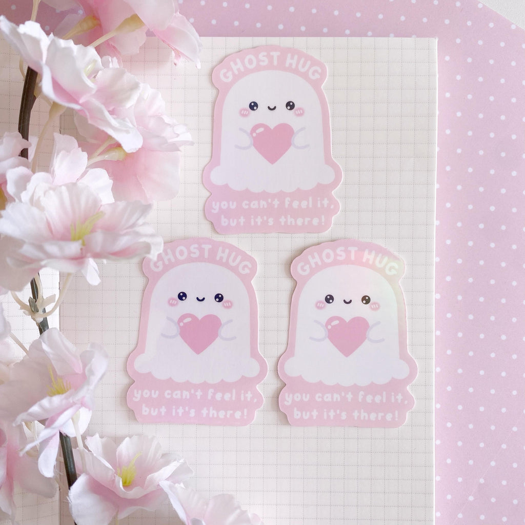 Ghost hugs holographic die cut sticker