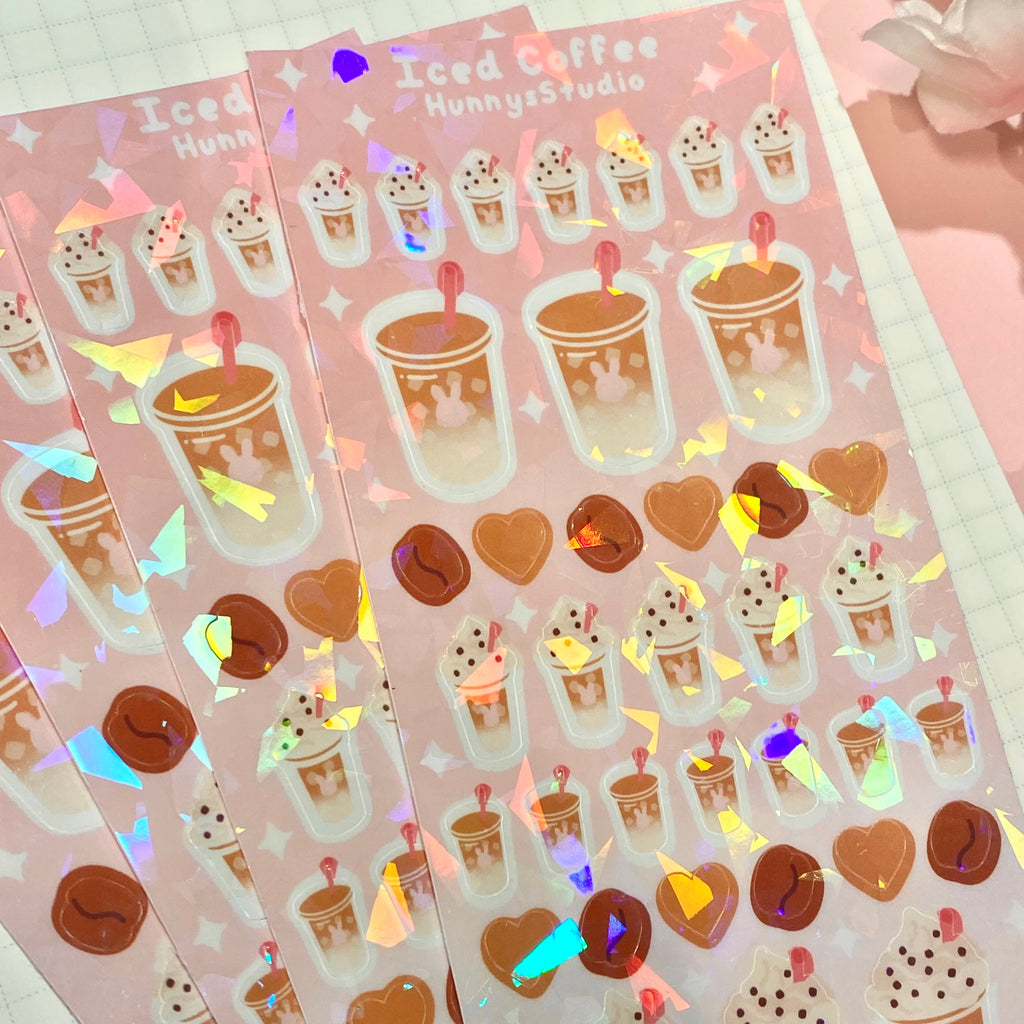 Iced coffee holographic vinyl sticker sheet