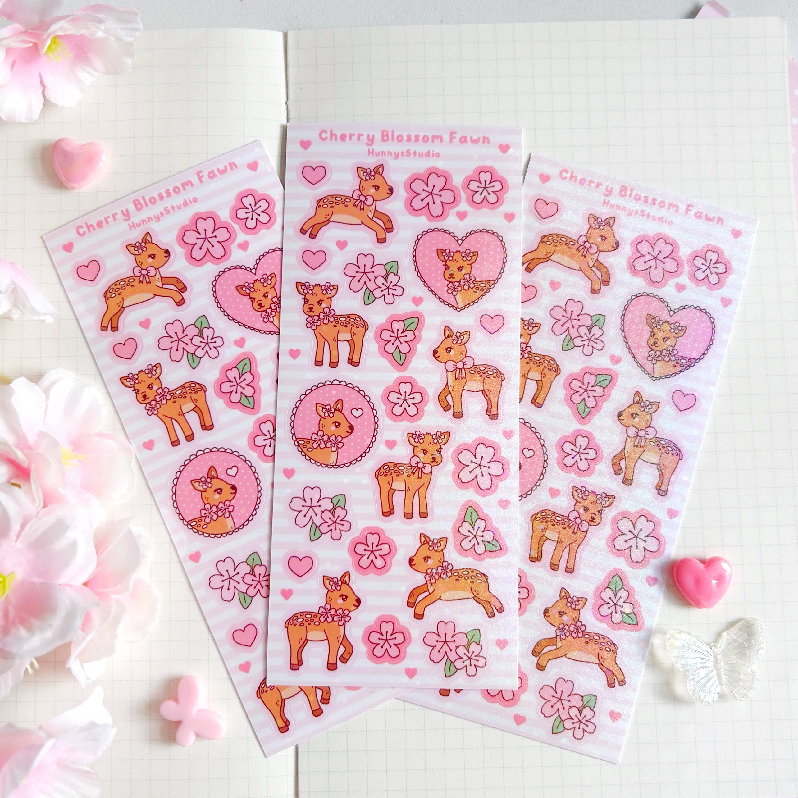Cherry blossom fawn vinyl holographic sticker sheet