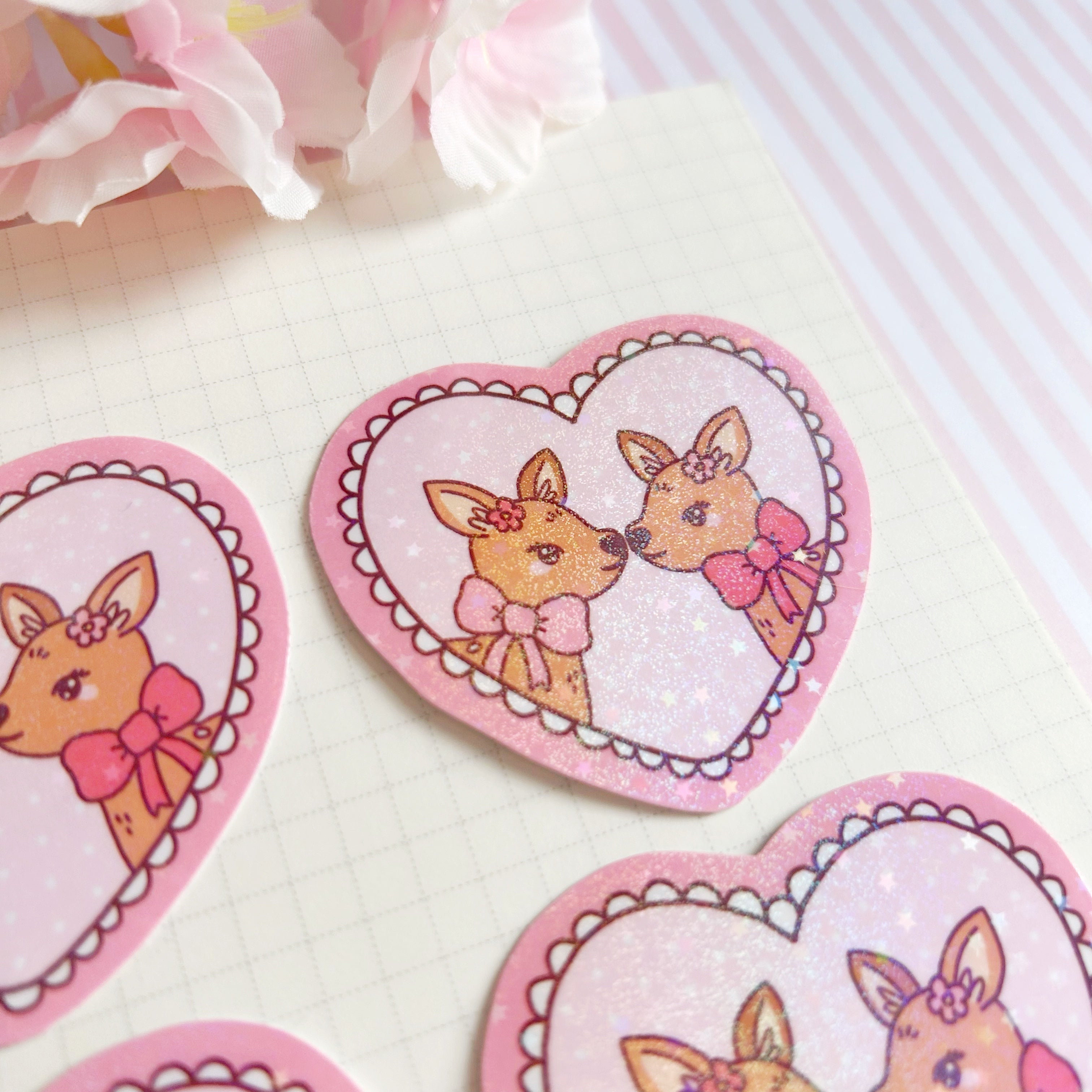 Fawn heart die cut vinyl holographic sticker
