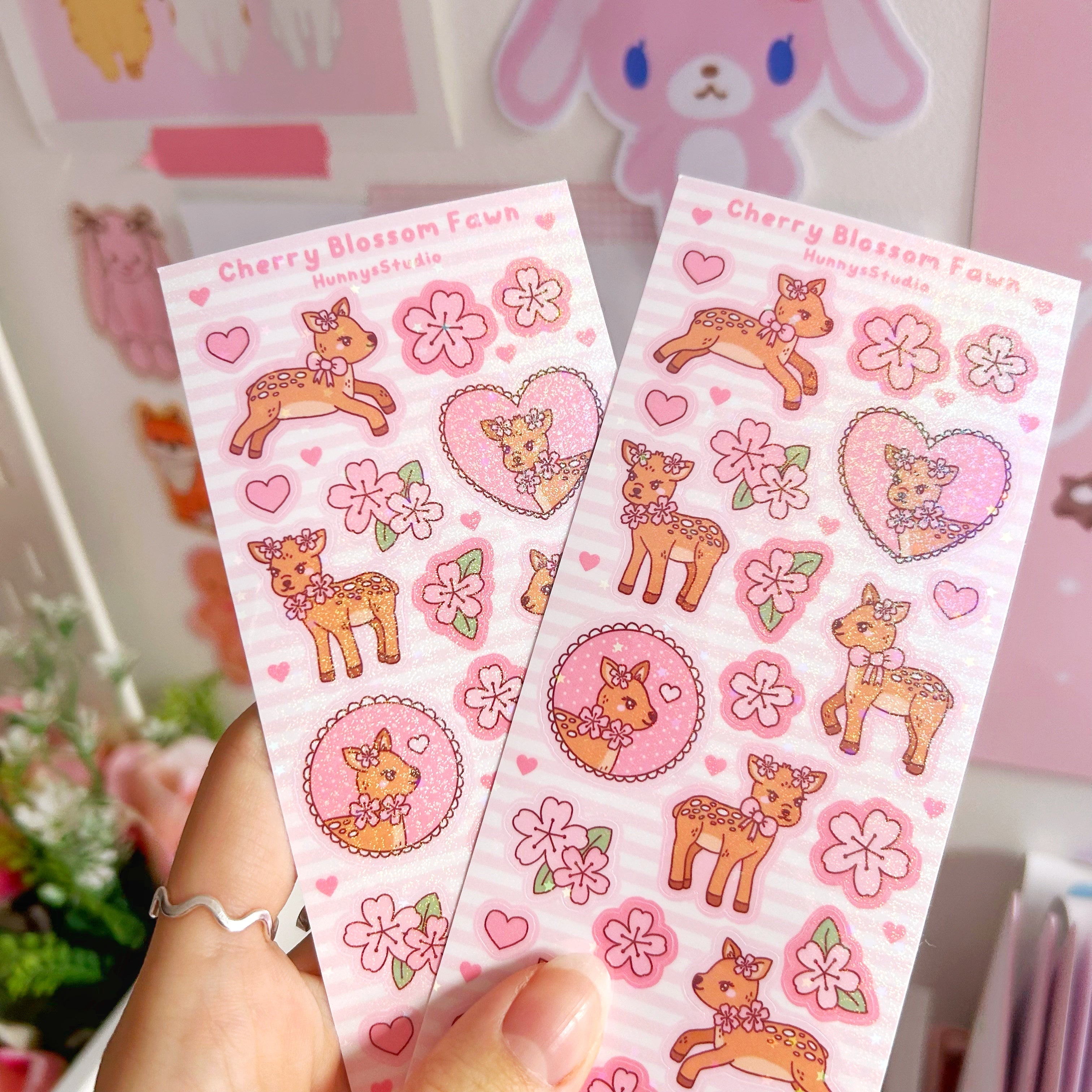 Cherry blossom fawn vinyl holographic sticker sheet