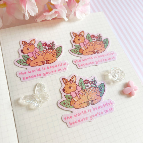 Beautiful world Fawn die cut vinyl holographic sticker