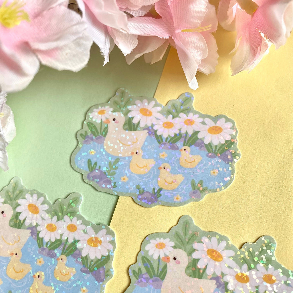Duckies in a pond vinyl holographic die cut sticker
