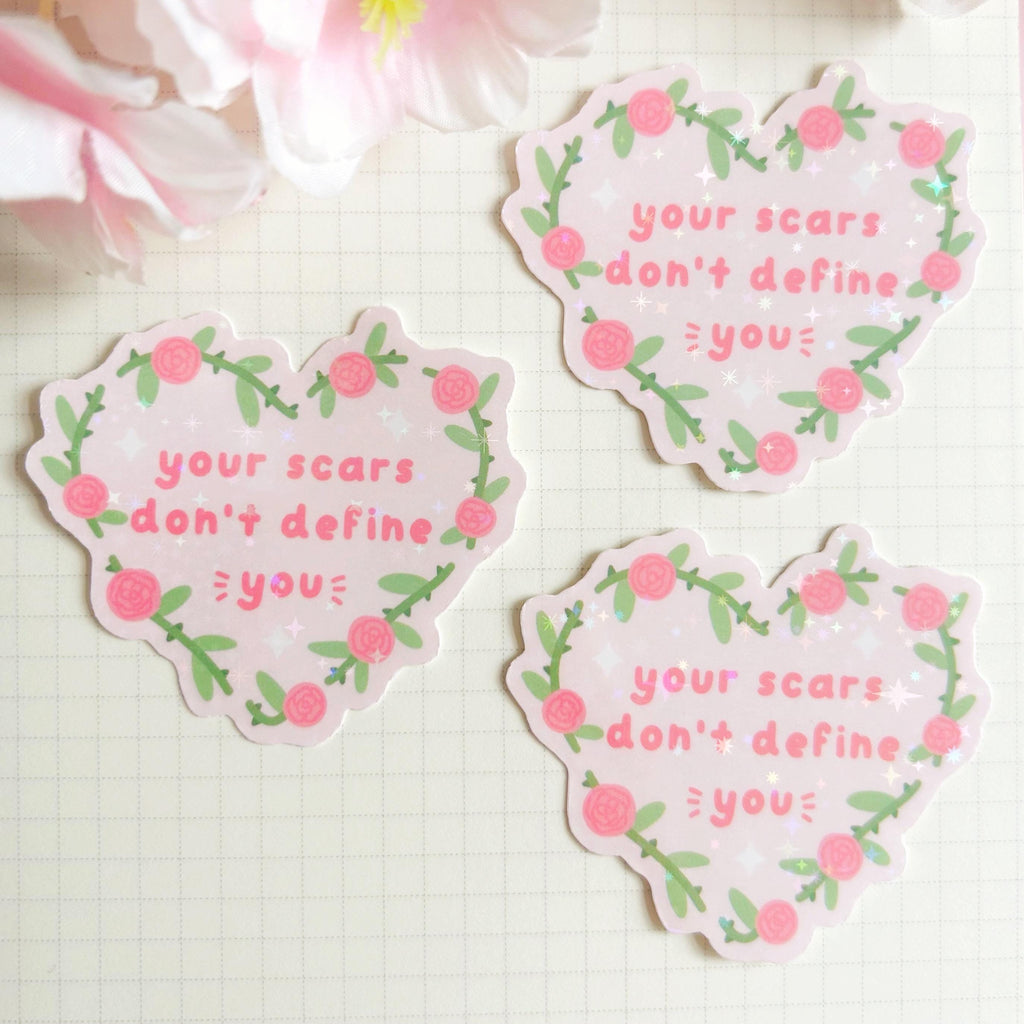 Rose heart scars quote die cut vinyl holo sticker