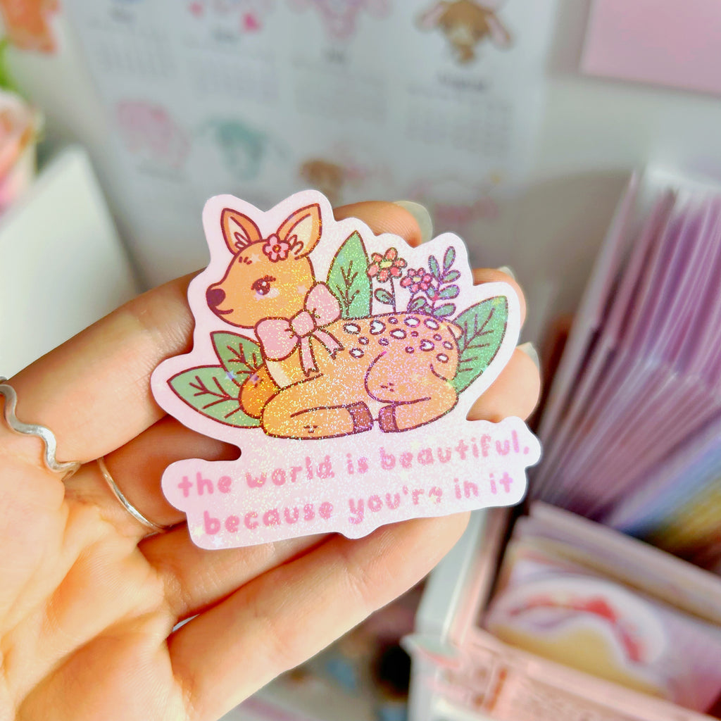 Beautiful world Fawn die cut vinyl holographic sticker