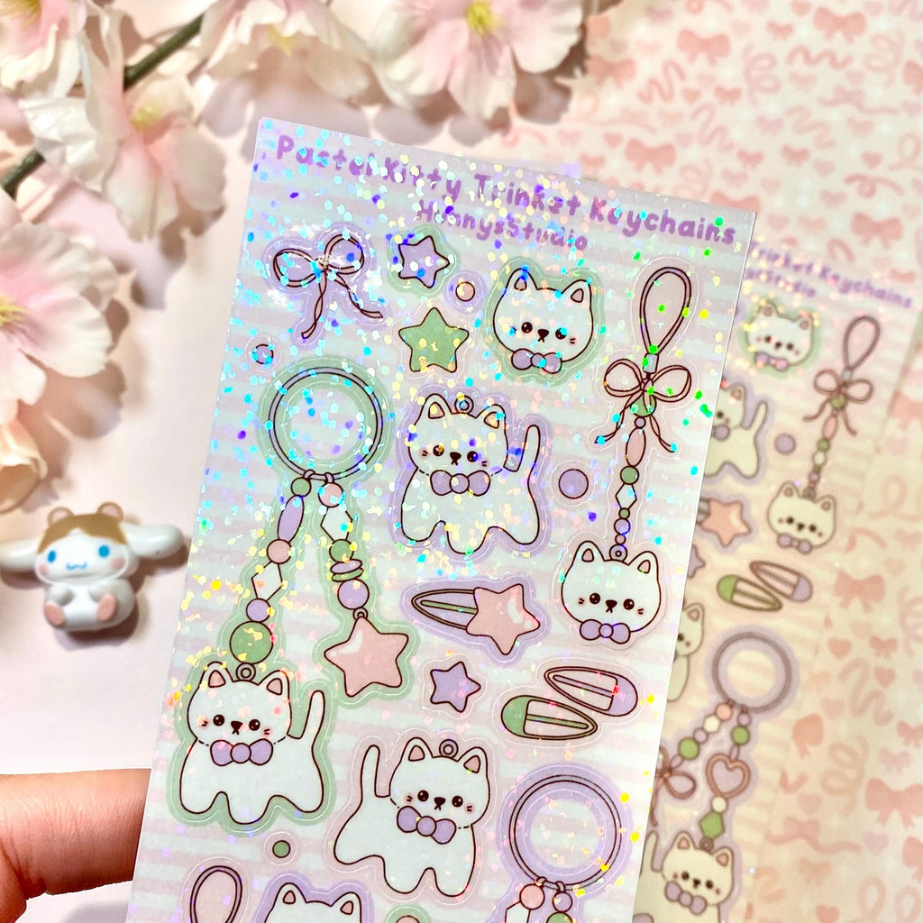 Pastel kitty trinket keychains vinyl holo sticker sheet