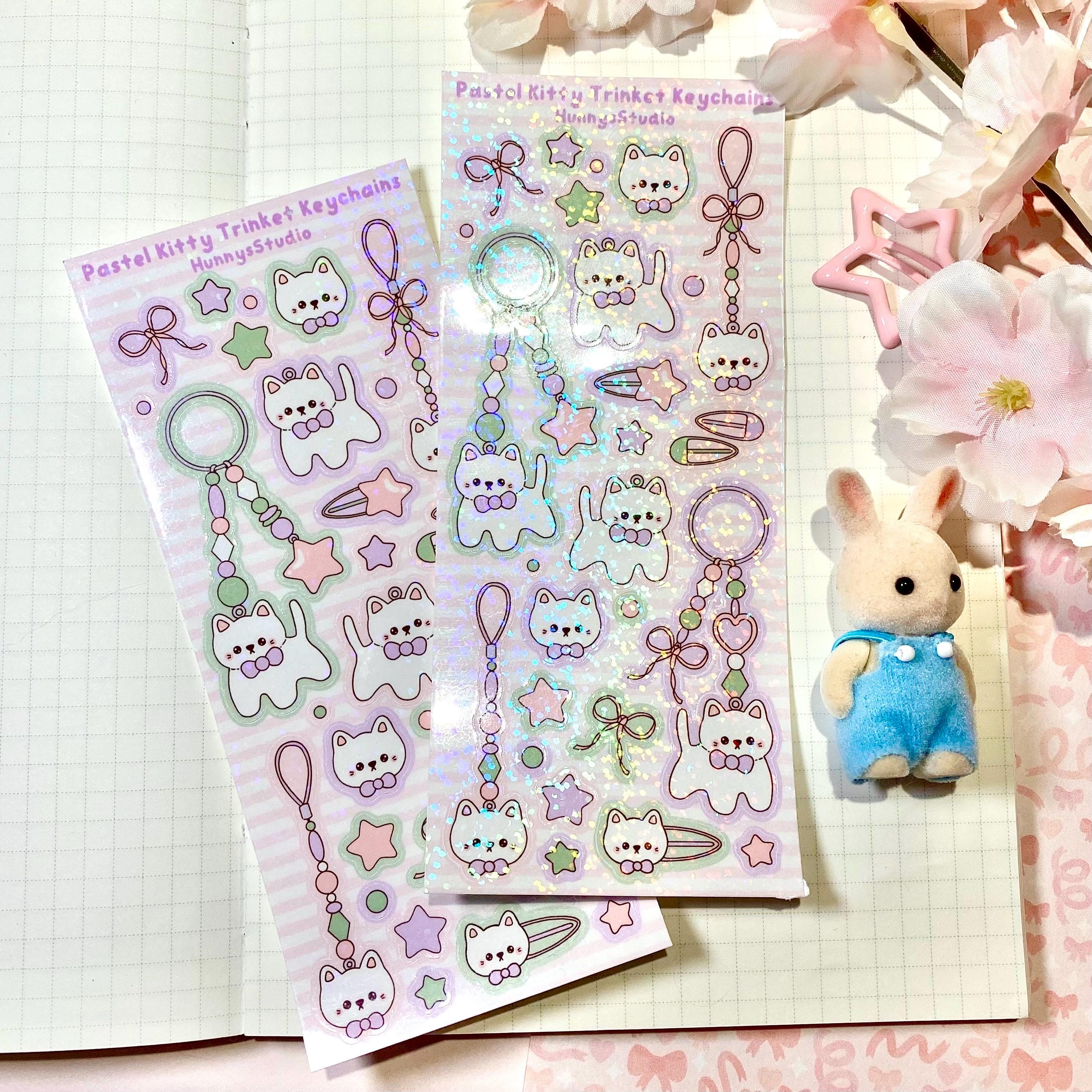 Pastel kitty trinket keychains vinyl holo sticker sheet