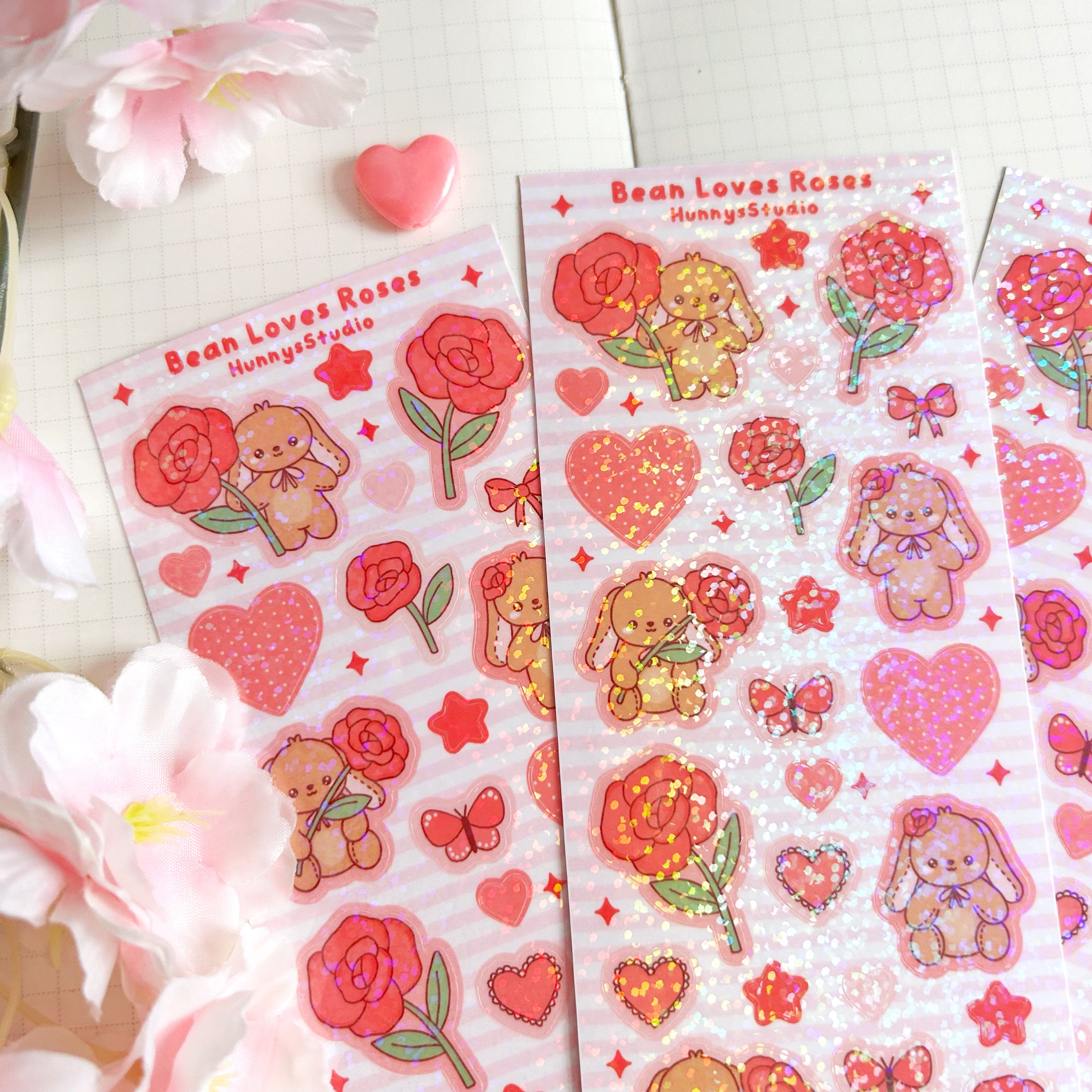 Bean loves roses vinyl holographic sticker sheet