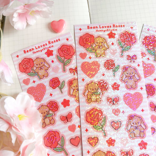 Bean loves roses vinyl holographic sticker sheet