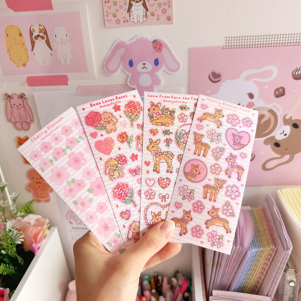 Cherry blossom fawn vinyl holographic sticker sheet
