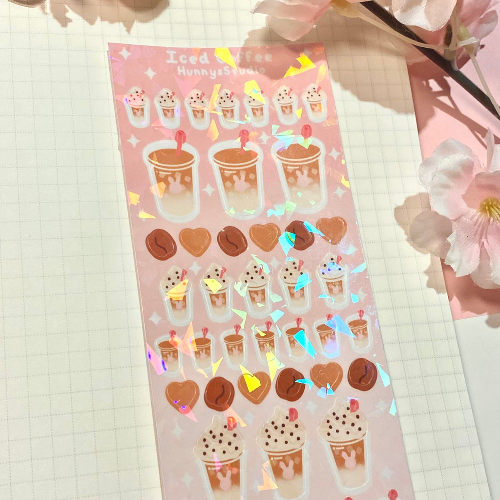 Iced coffee holographic vinyl sticker sheet