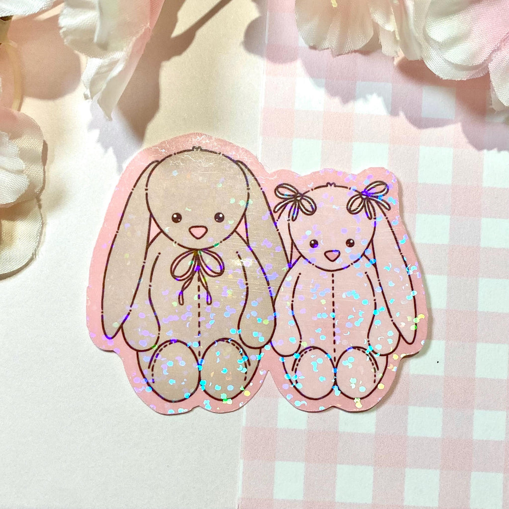 Two bunny plushies die cut vinyl holo sticker