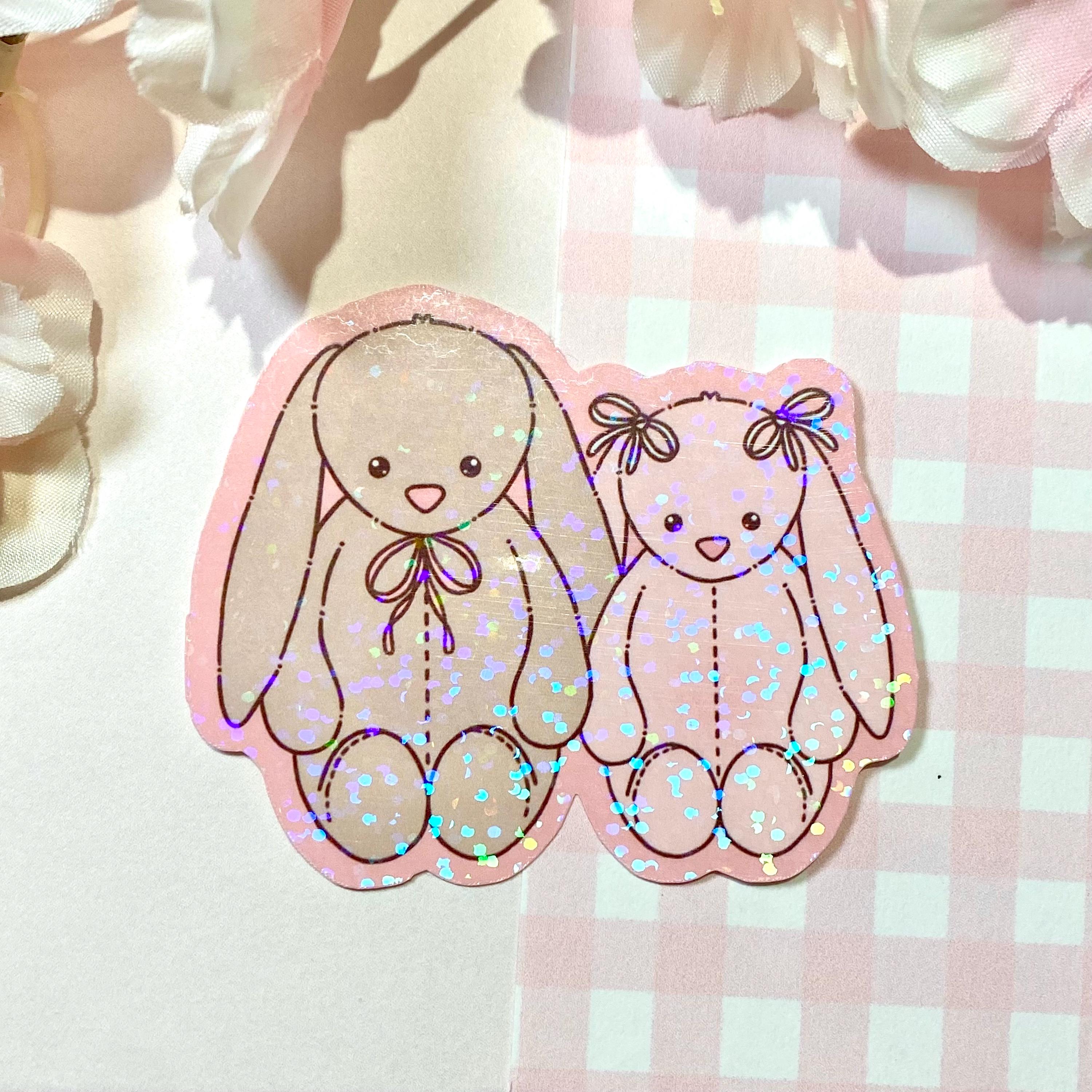 Two bunny plushies die cut vinyl holo sticker