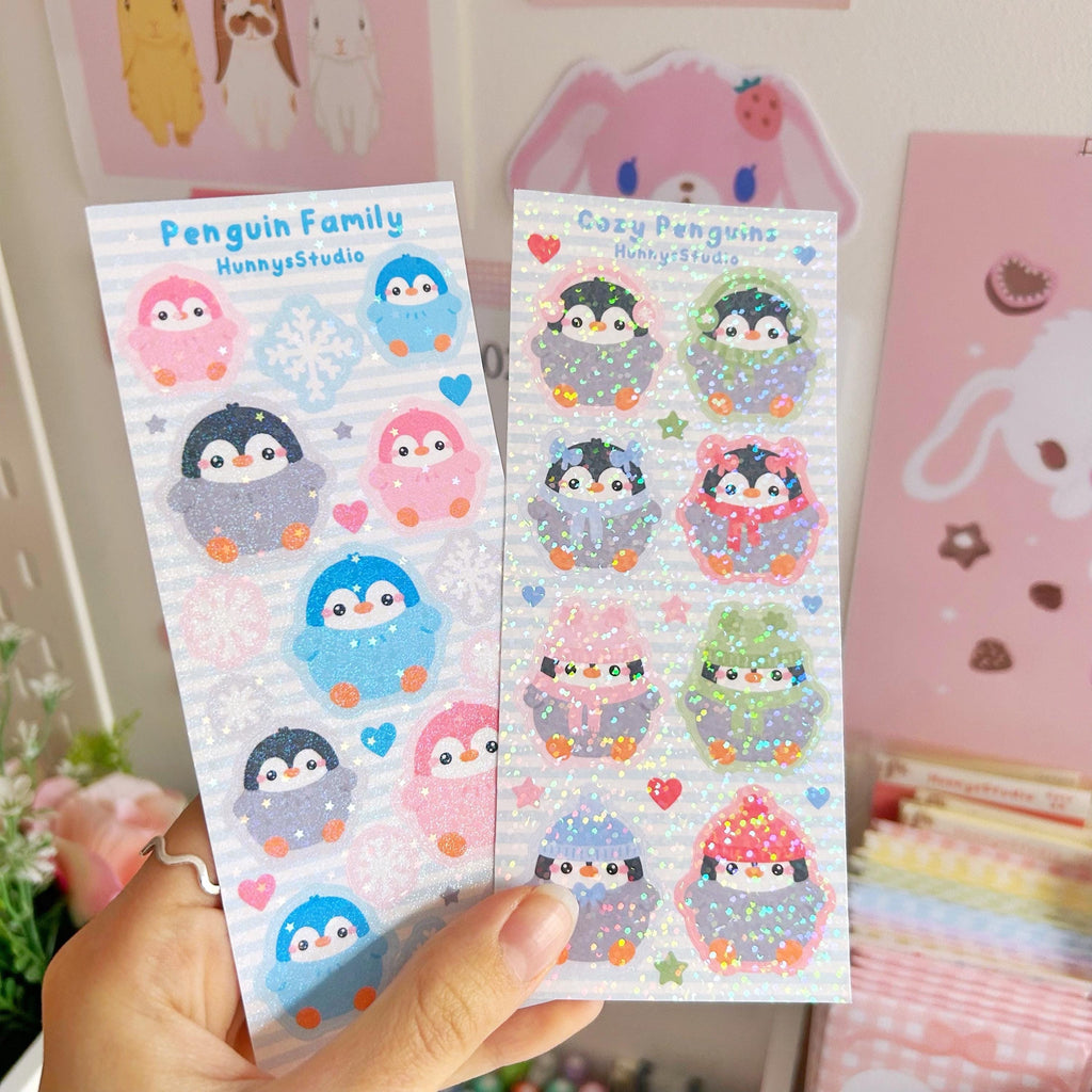 Penguin family vinyl holographic sticker sheet