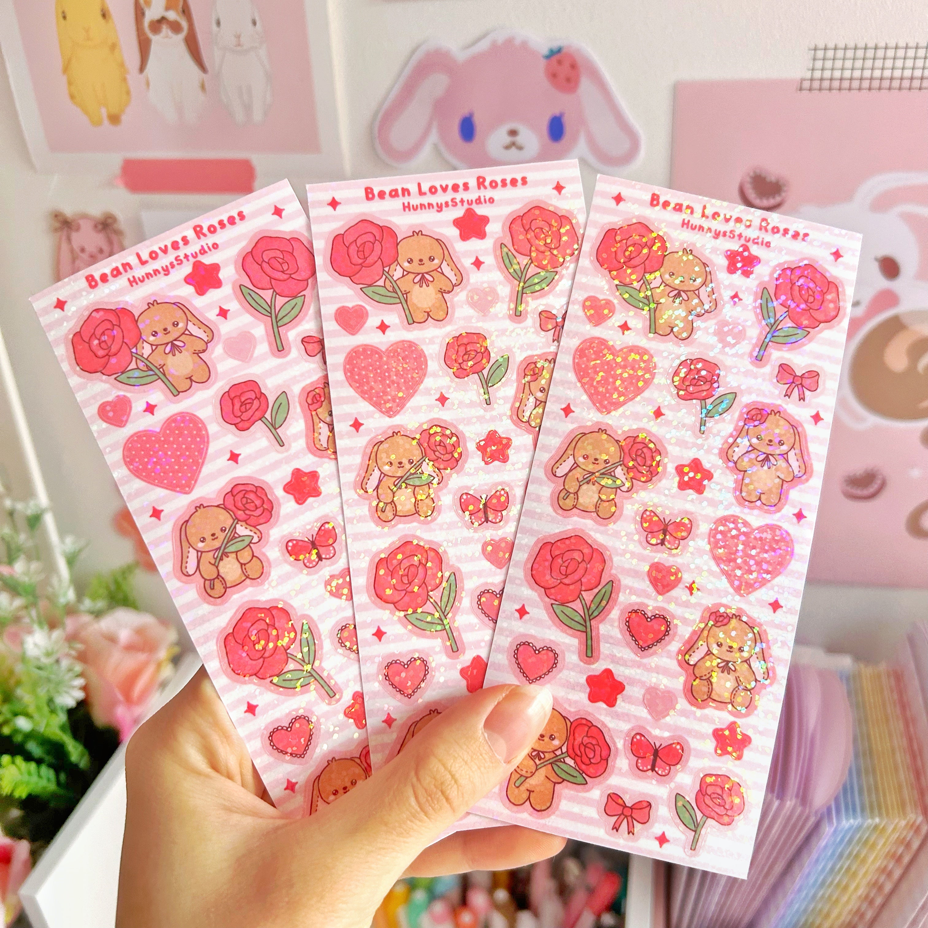 Bean loves roses vinyl holographic sticker sheet