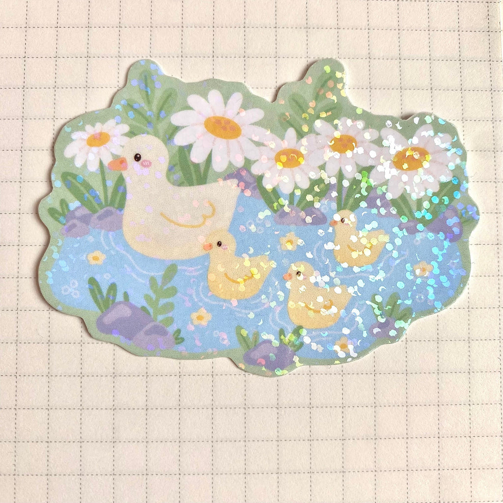 Duckies in a pond vinyl holographic die cut sticker