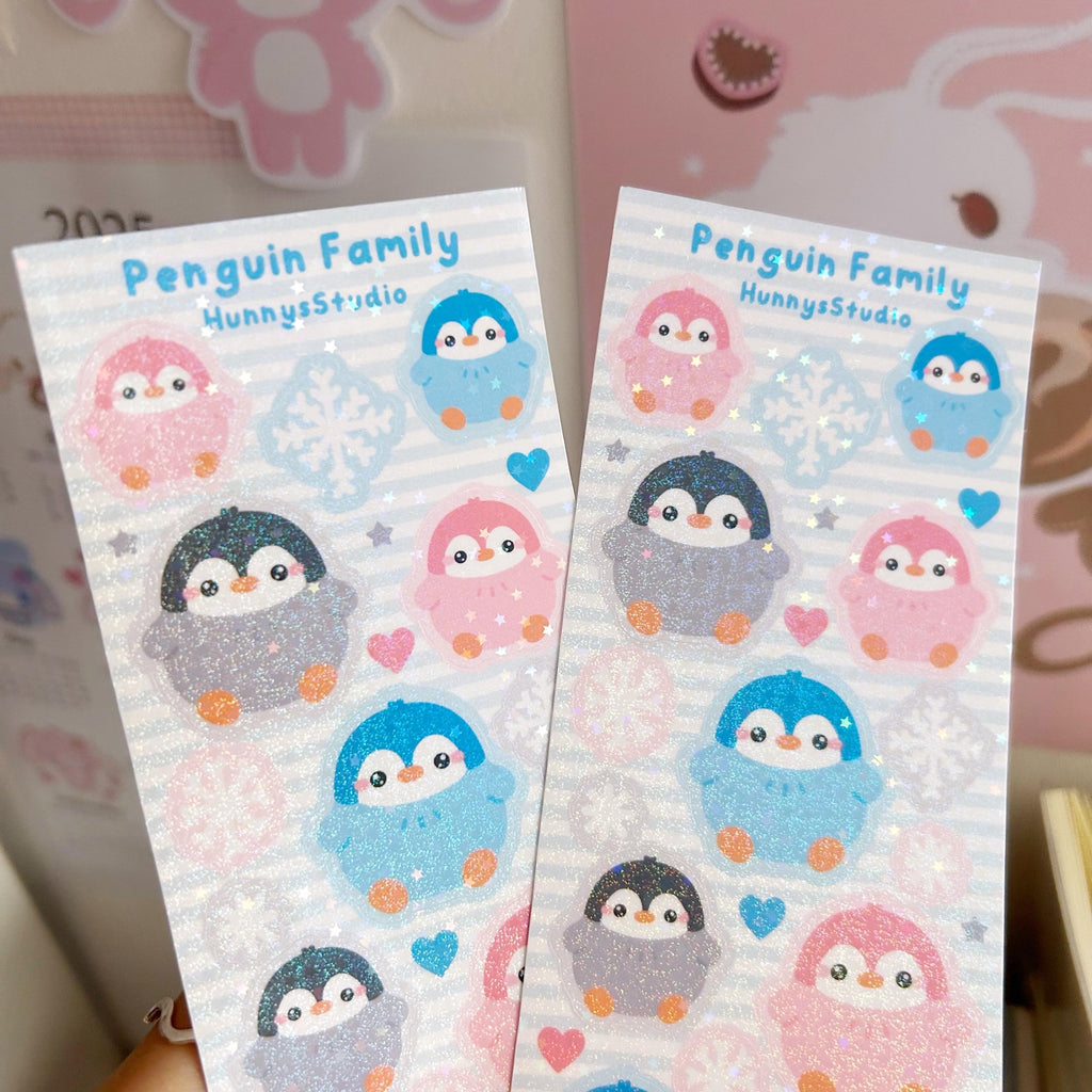 Penguin family vinyl holographic sticker sheet