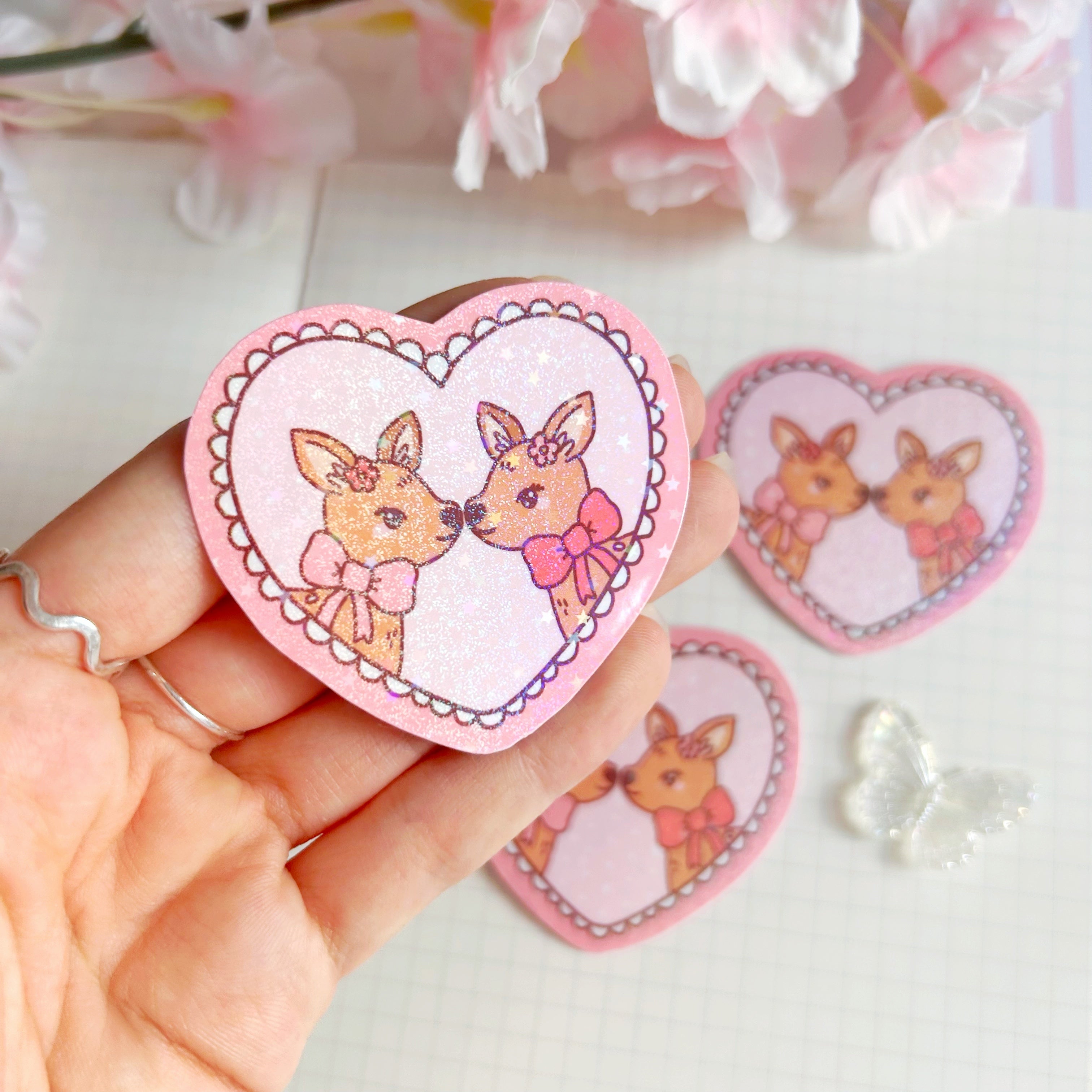 Fawn heart die cut vinyl holographic sticker