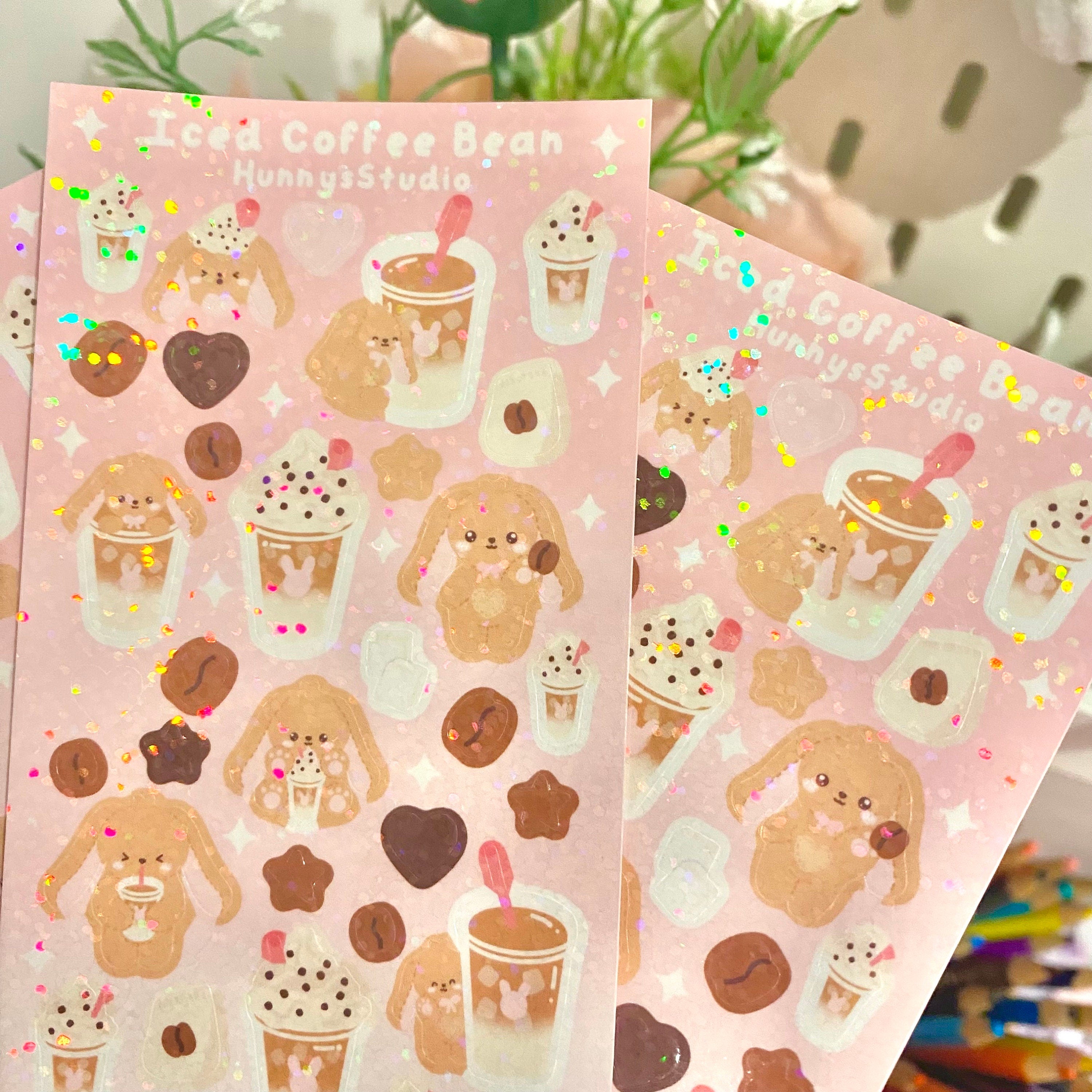 Iced coffee bean holographic vinyl sticker sheet