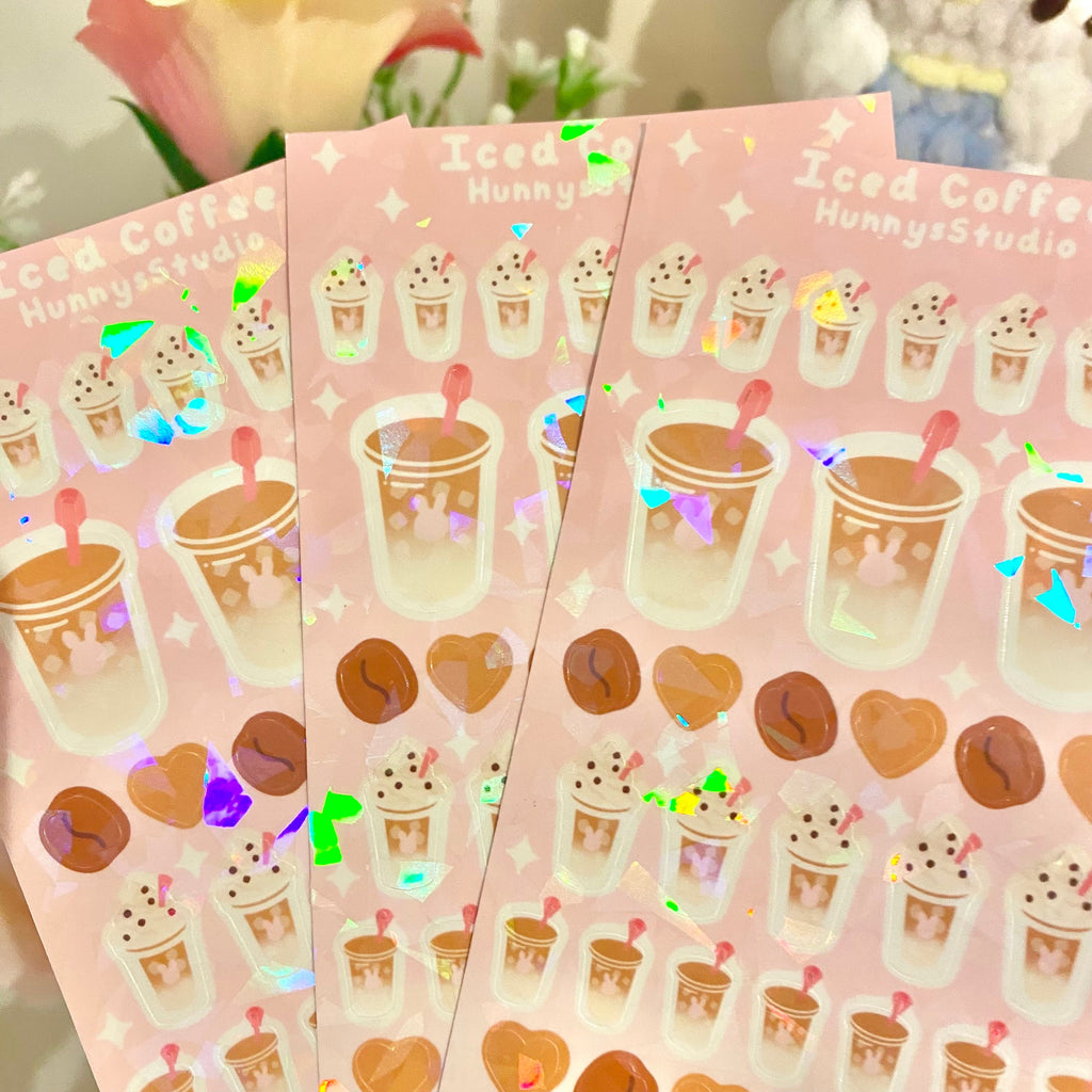 Iced coffee holographic vinyl sticker sheet