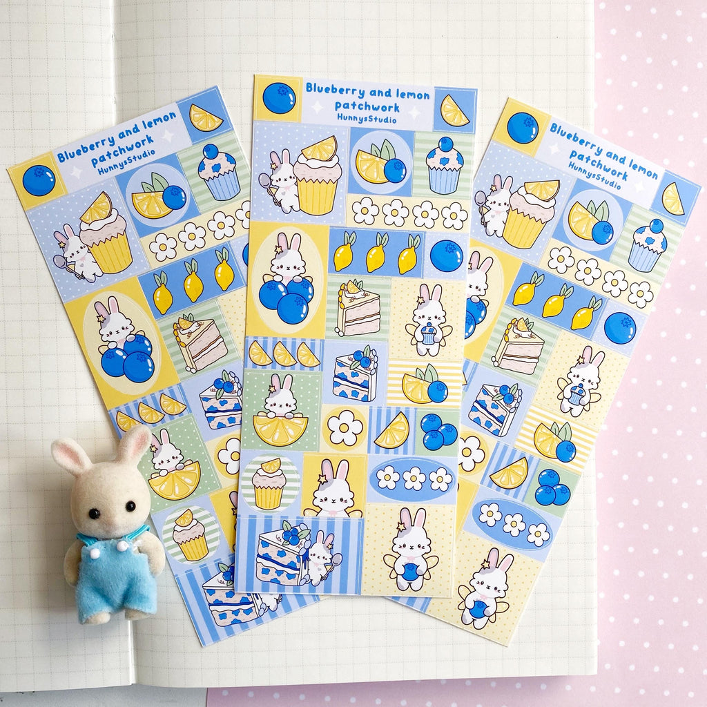 Blueberry and lemon patchwork matte vinyl sticker sheet