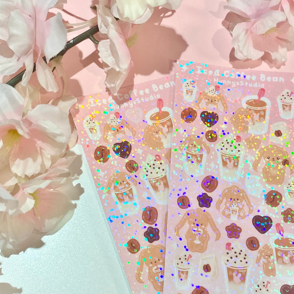Iced coffee bean holographic vinyl sticker sheet