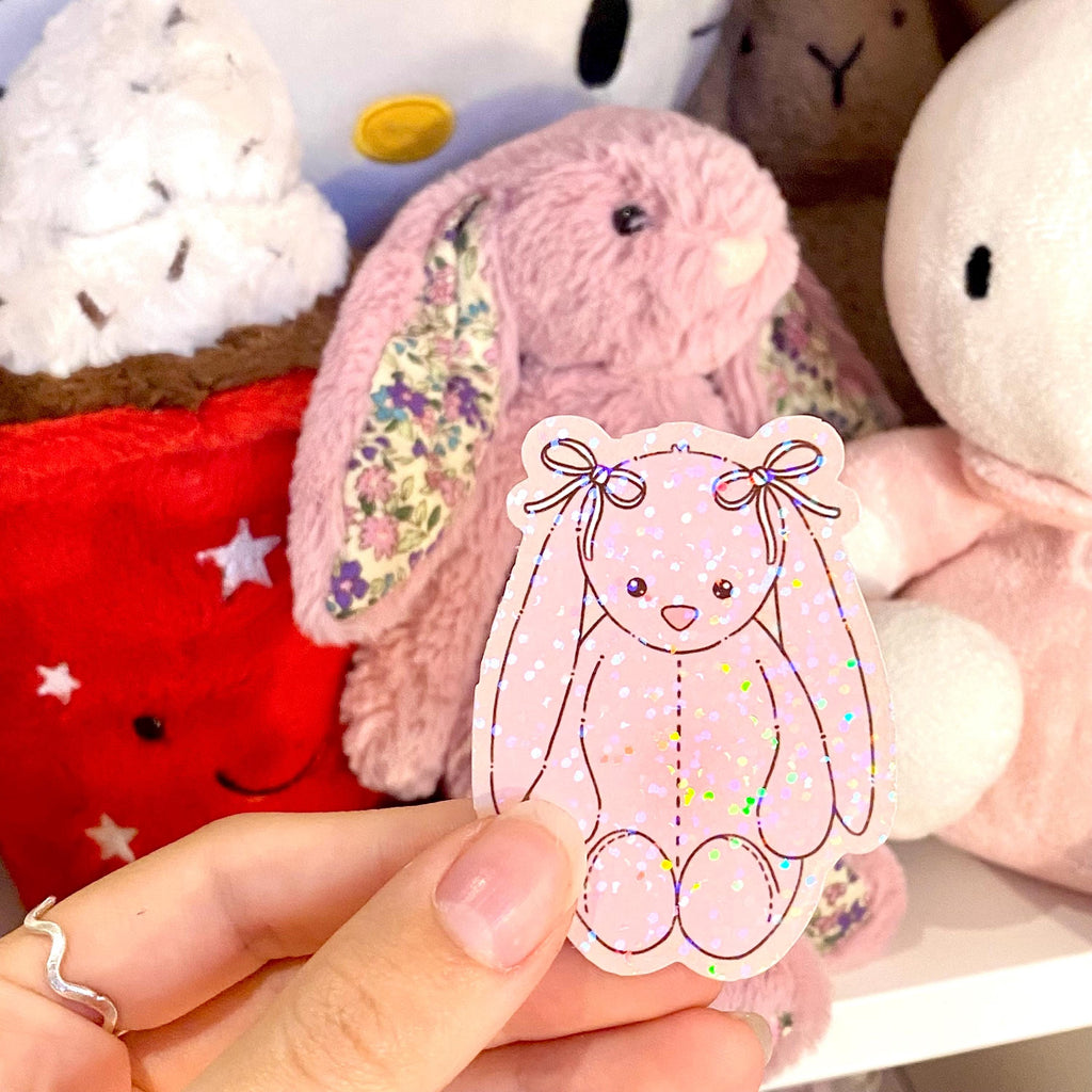 Pink bunny plushie die cut vinyl holographic sticker