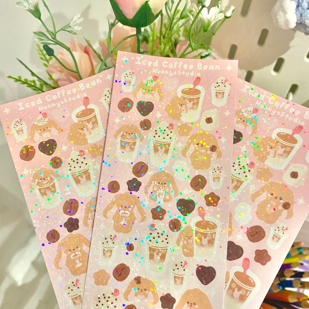 Iced coffee bean holographic vinyl sticker sheet