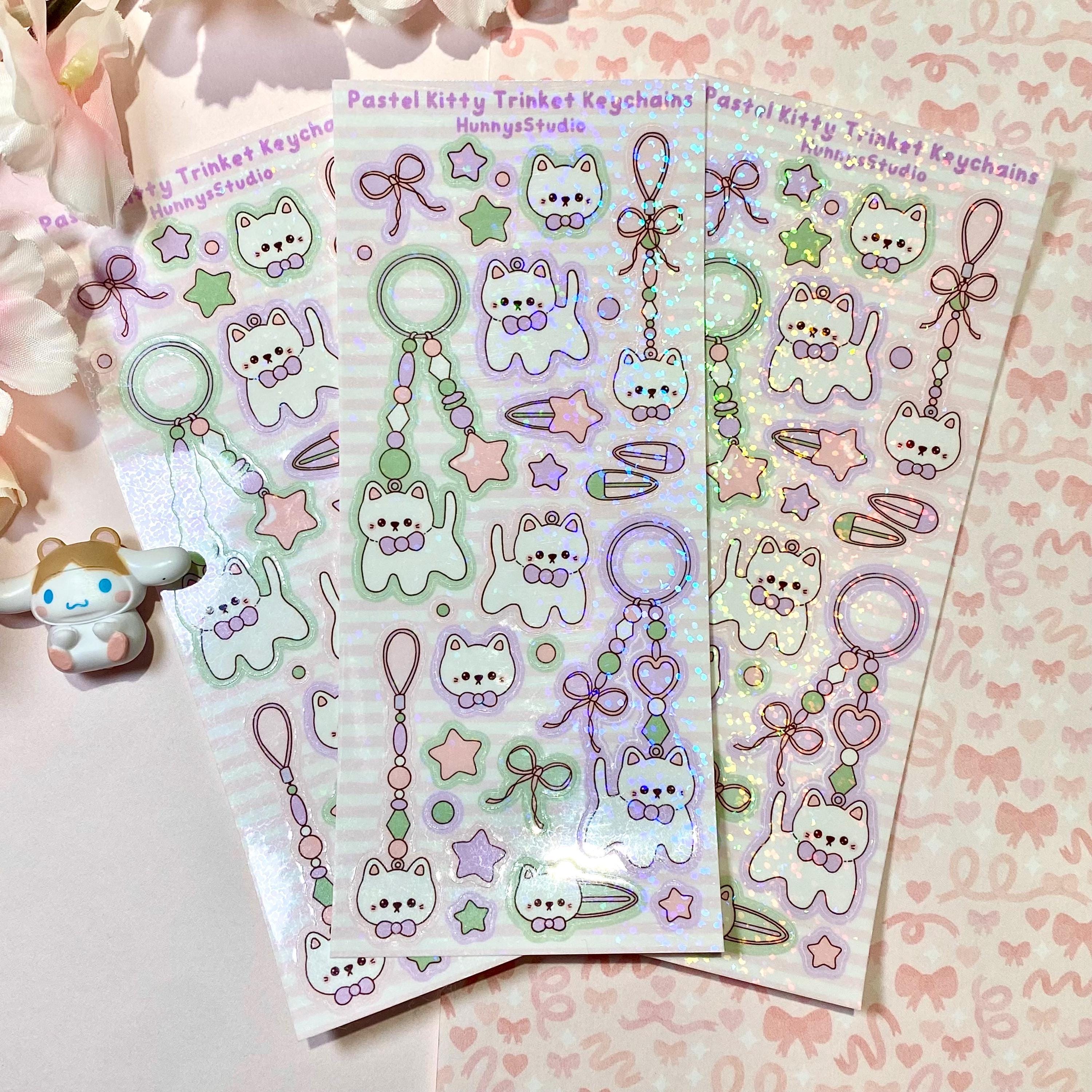 Pastel kitty trinket keychains vinyl holo sticker sheet