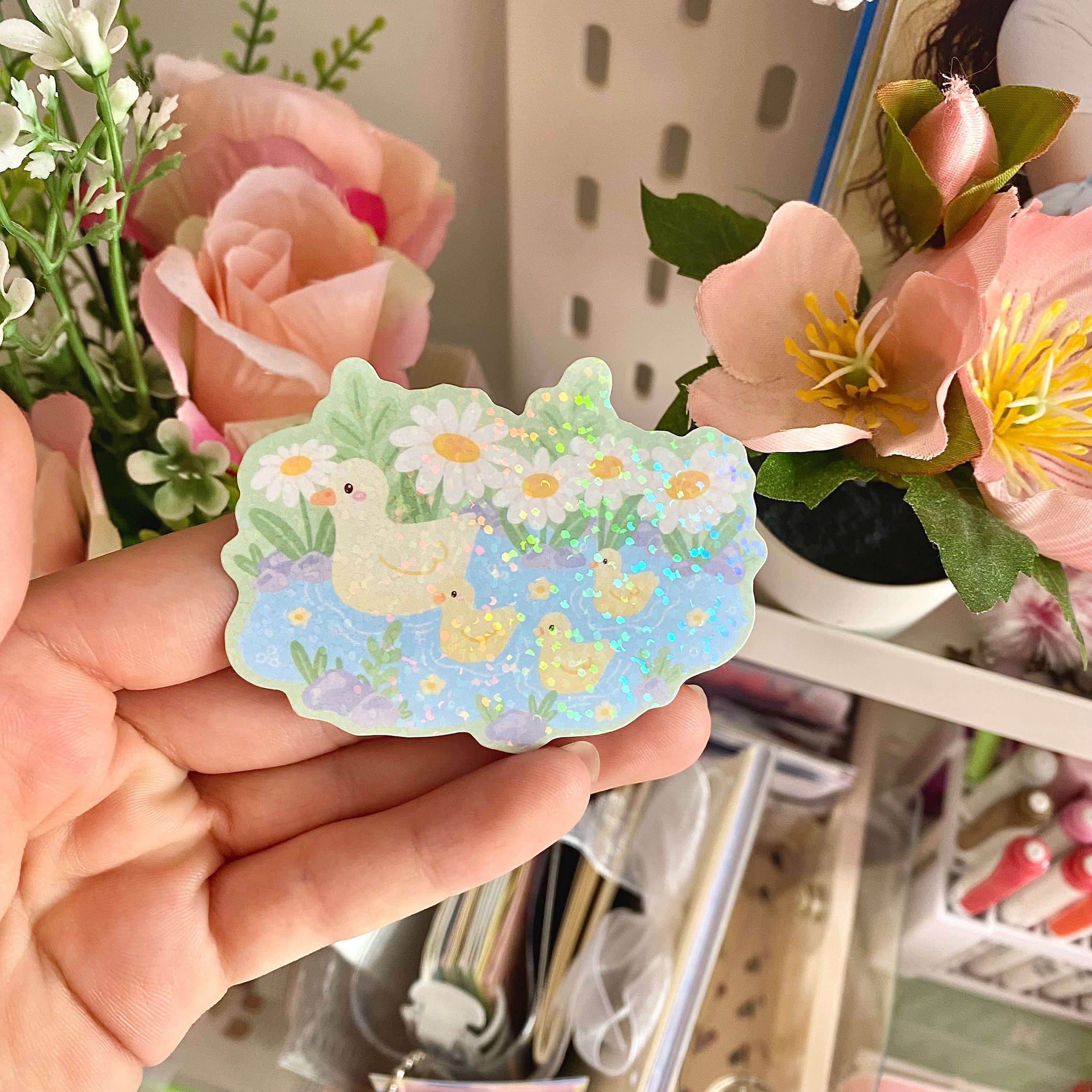Duckies in a pond vinyl holographic die cut sticker