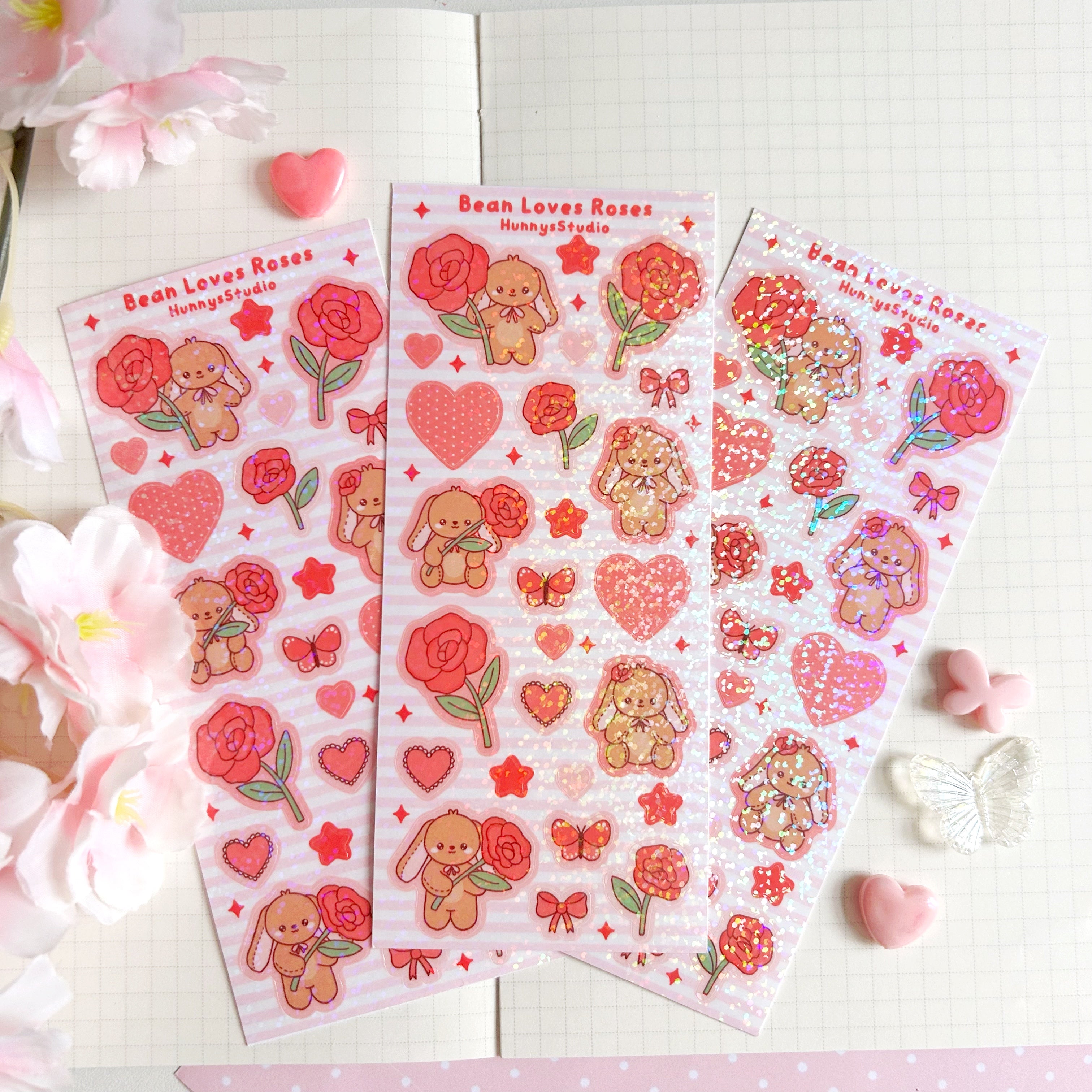 Bean loves roses vinyl holographic sticker sheet