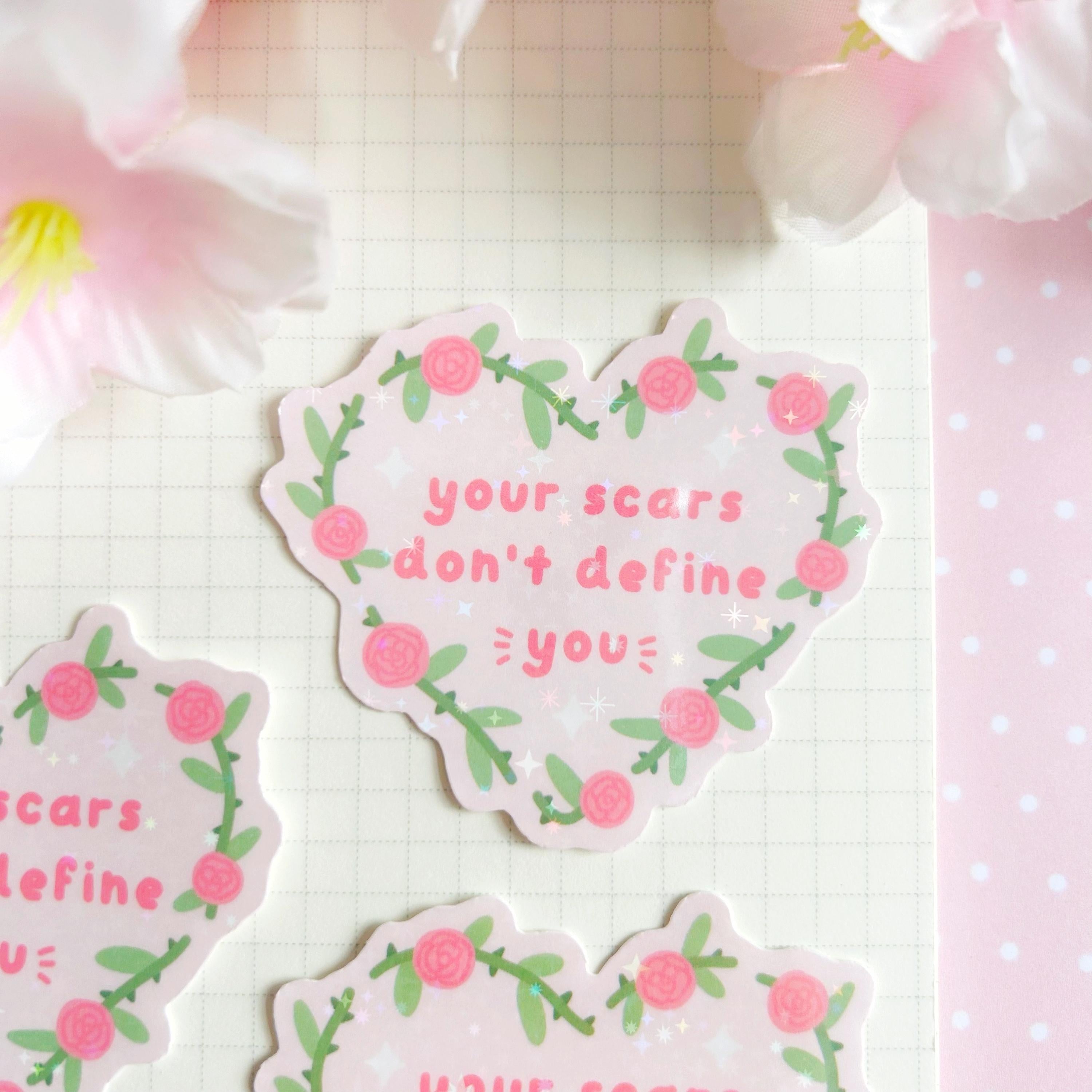 Rose heart scars quote die cut vinyl holo sticker