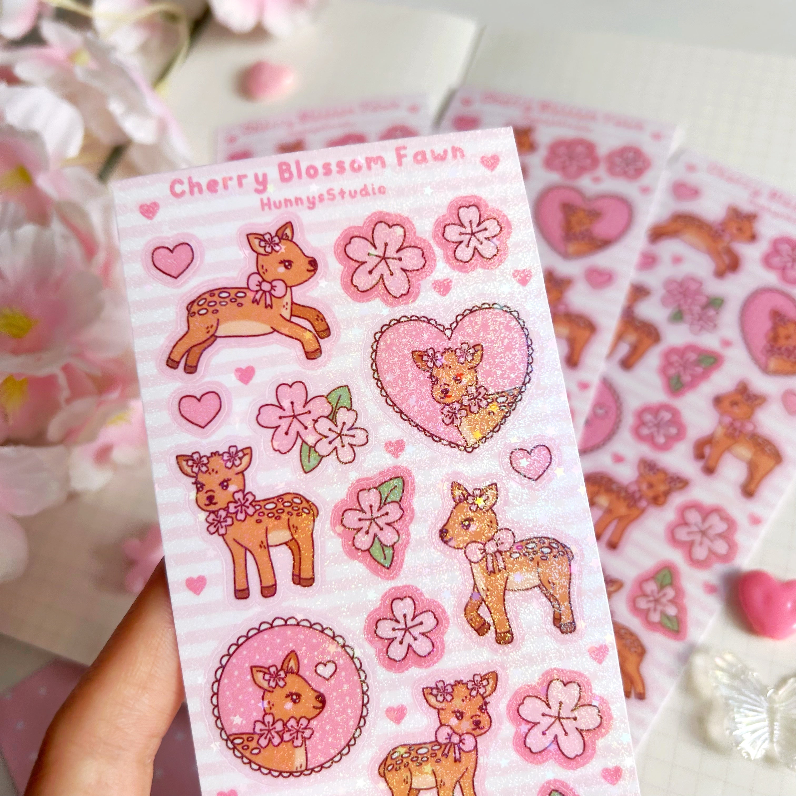 Cherry blossom fawn vinyl holographic sticker sheet