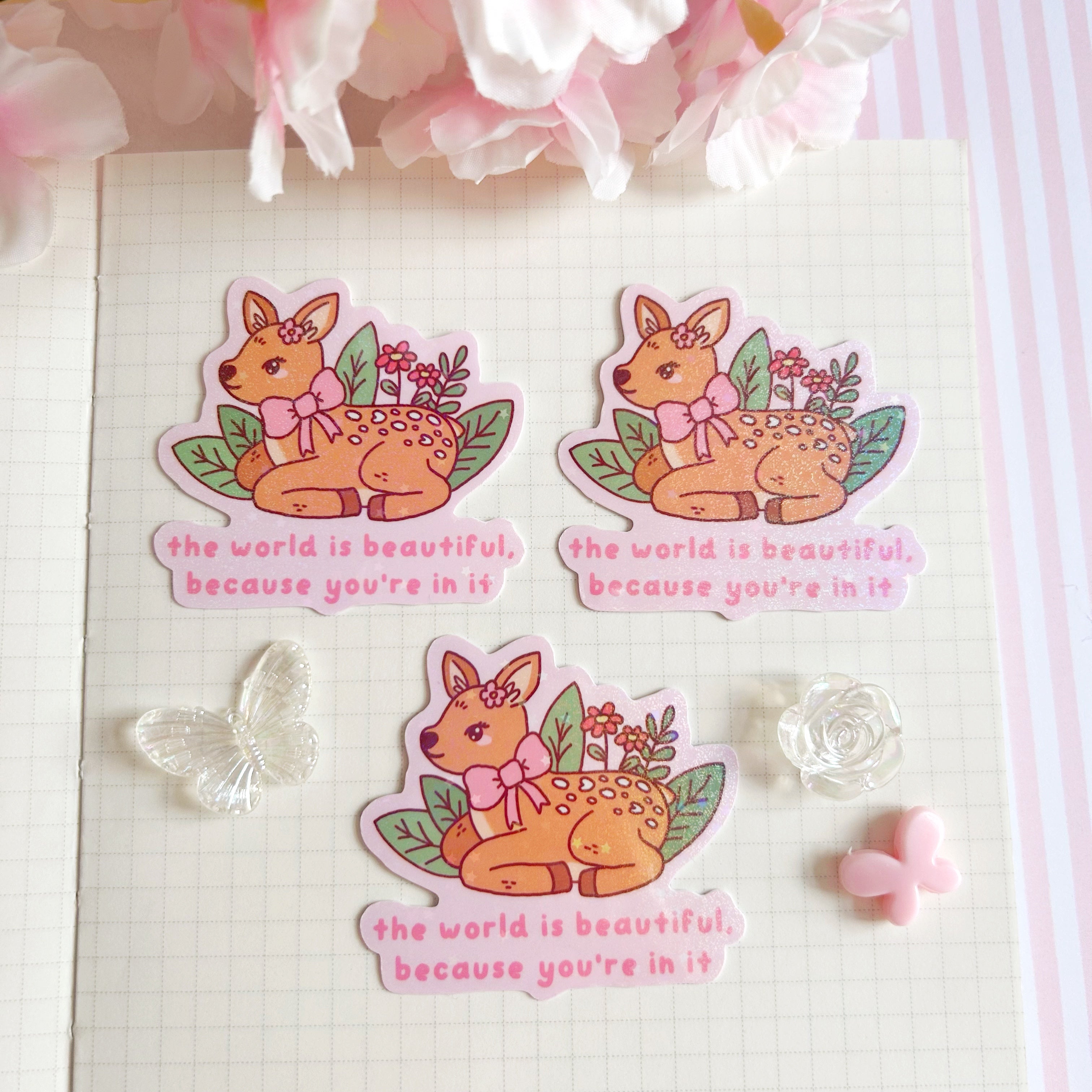 Beautiful world Fawn die cut vinyl holographic sticker