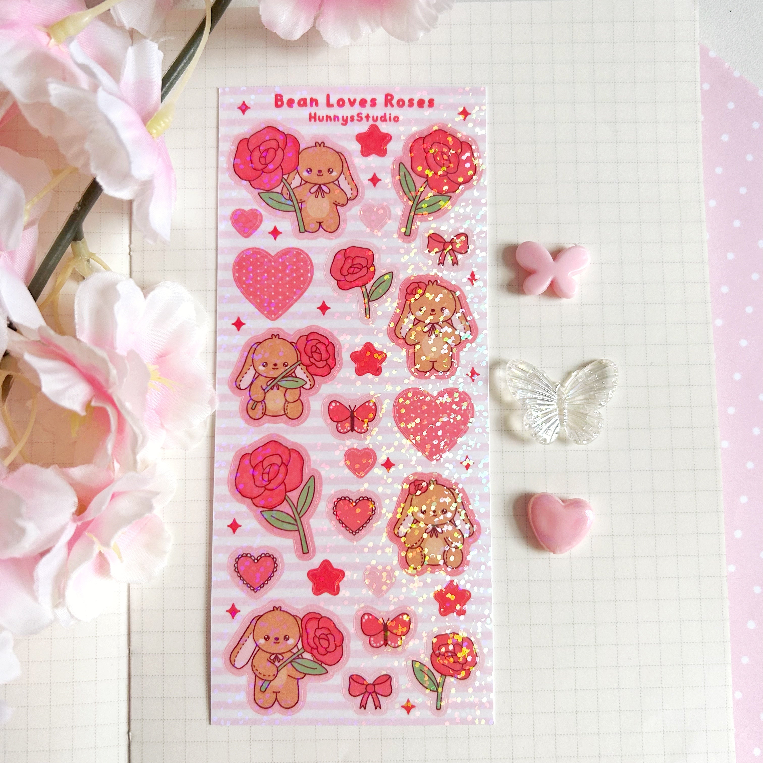 Bean loves roses vinyl holographic sticker sheet