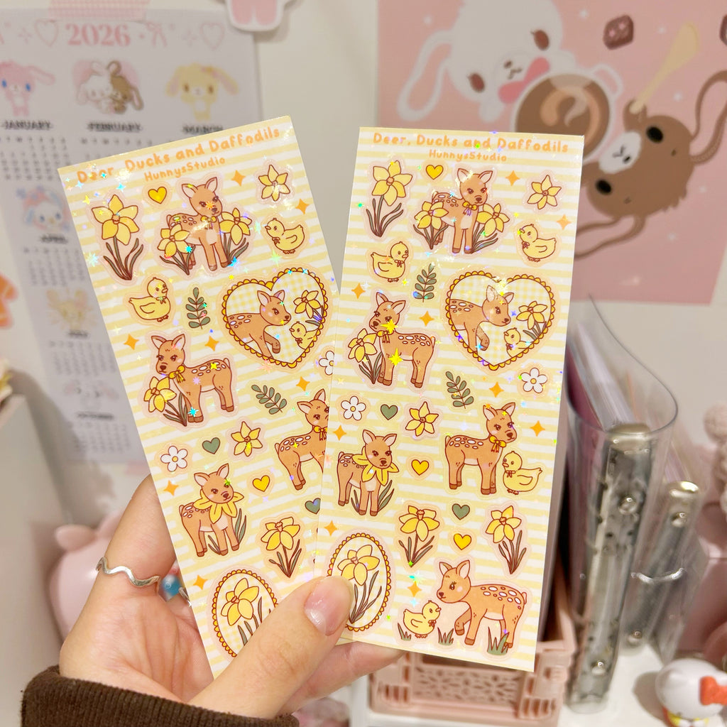 Deer, ducks and daffodils vinyl holographic sticker sheet