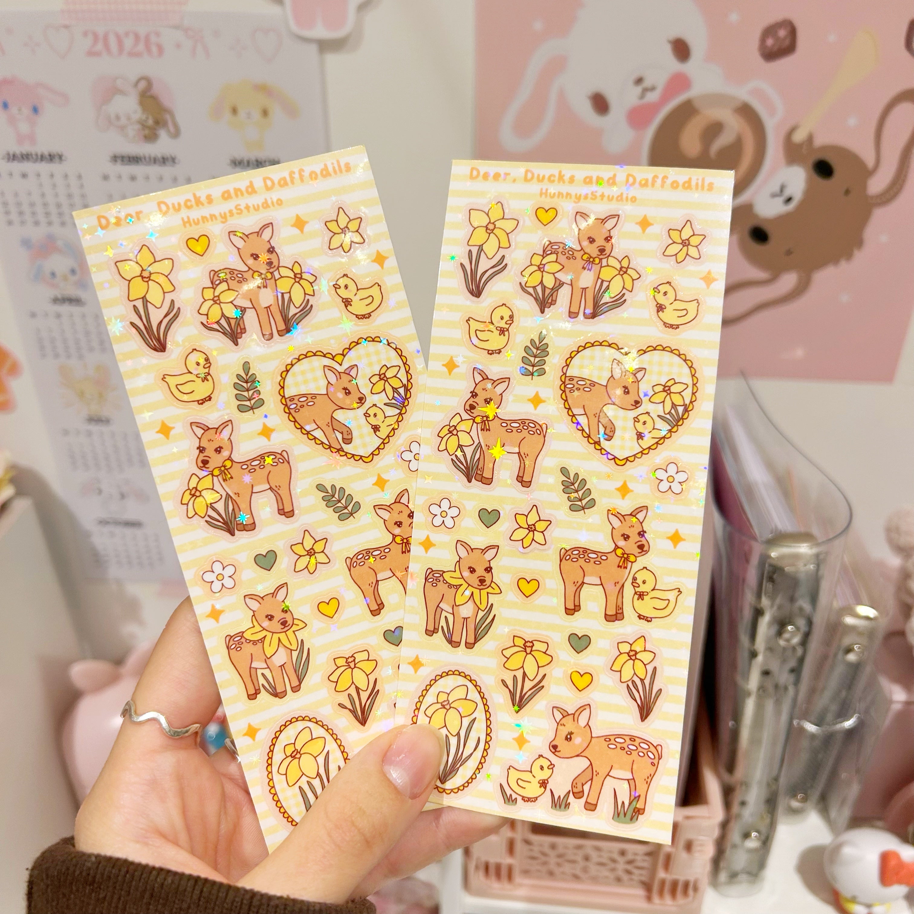 Deer, ducks and daffodils vinyl holographic sticker sheet