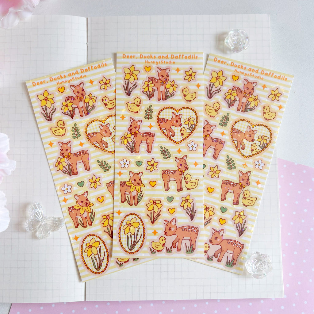 Deer, ducks and daffodils vinyl holographic sticker sheet