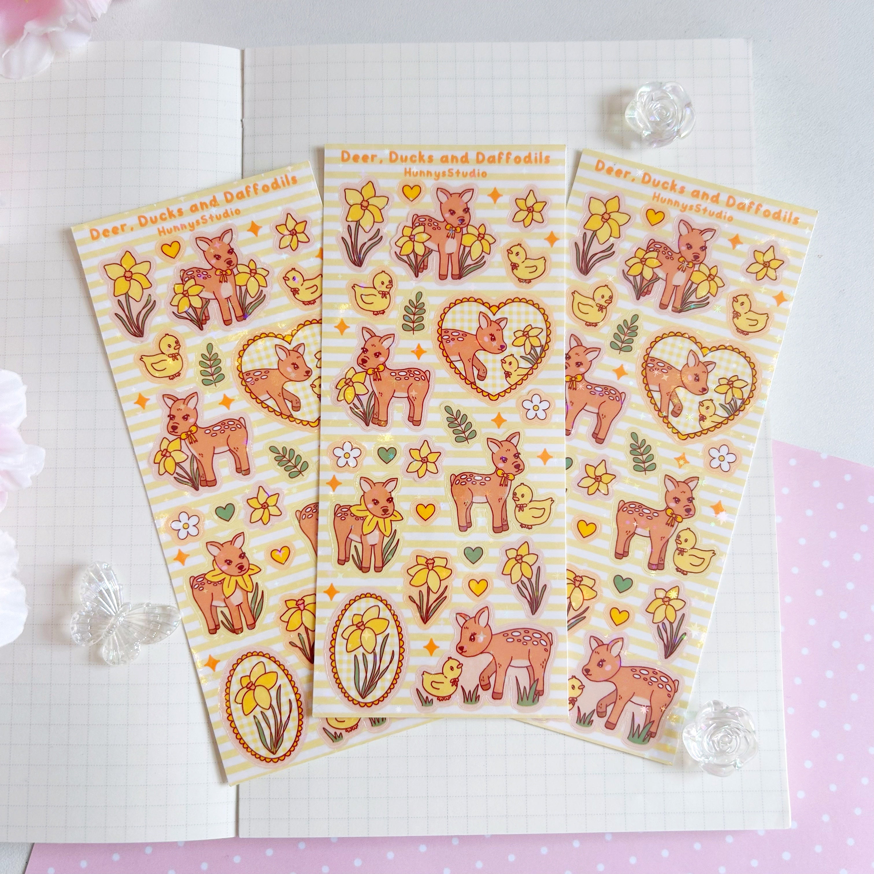Deer, ducks and daffodils vinyl holographic sticker sheet